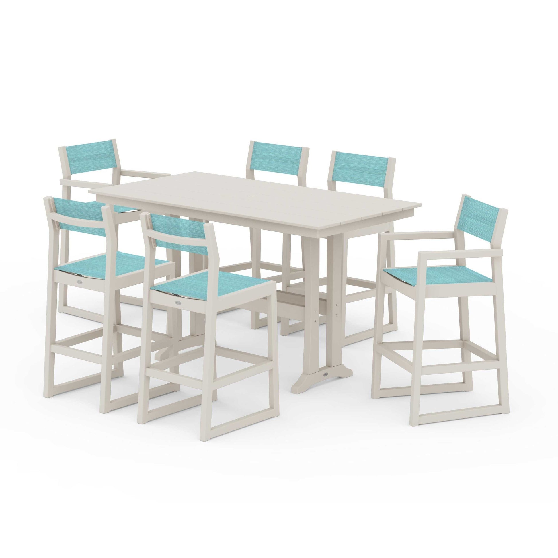 POLYWOOD EDGE Sling 7-Piece Farmhouse Bar Set with Trestle Legs — Sand / Dupioni Aquamarine Sling