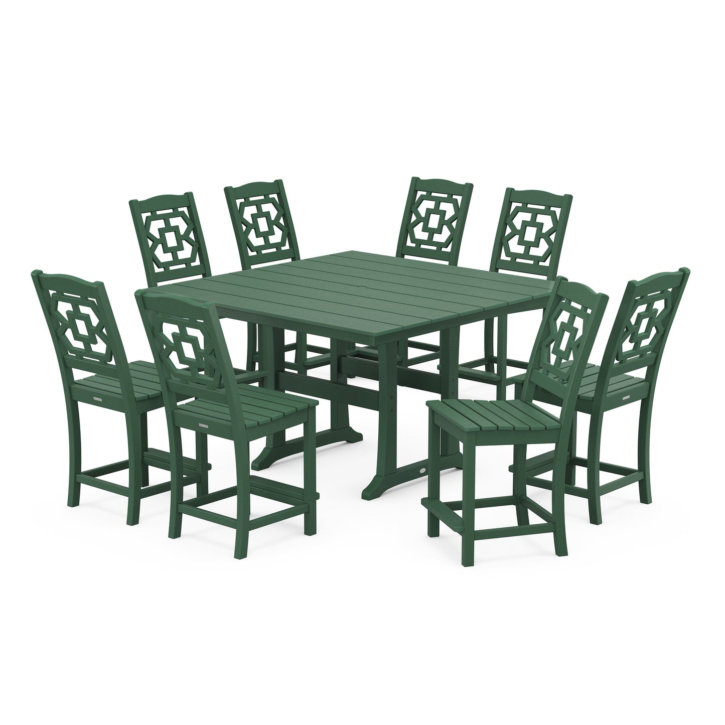 POLYWOOD Chinoiserie 9-Piece Square Farmhouse Side Chair Counter Set with Trestle Legs — Green