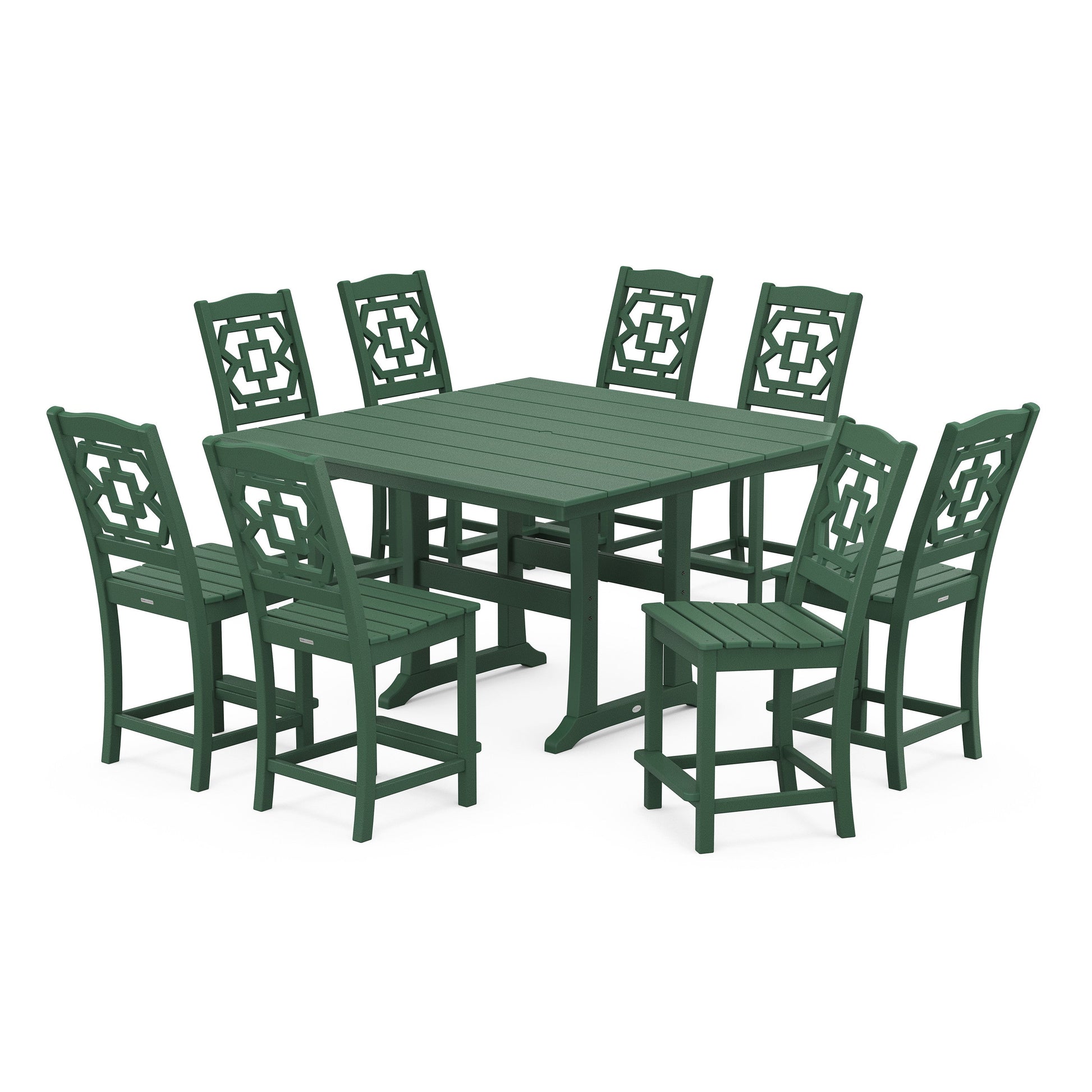 POLYWOOD Chinoiserie 9-Piece Square Farmhouse Side Chair Counter Set with Trestle Legs — Green