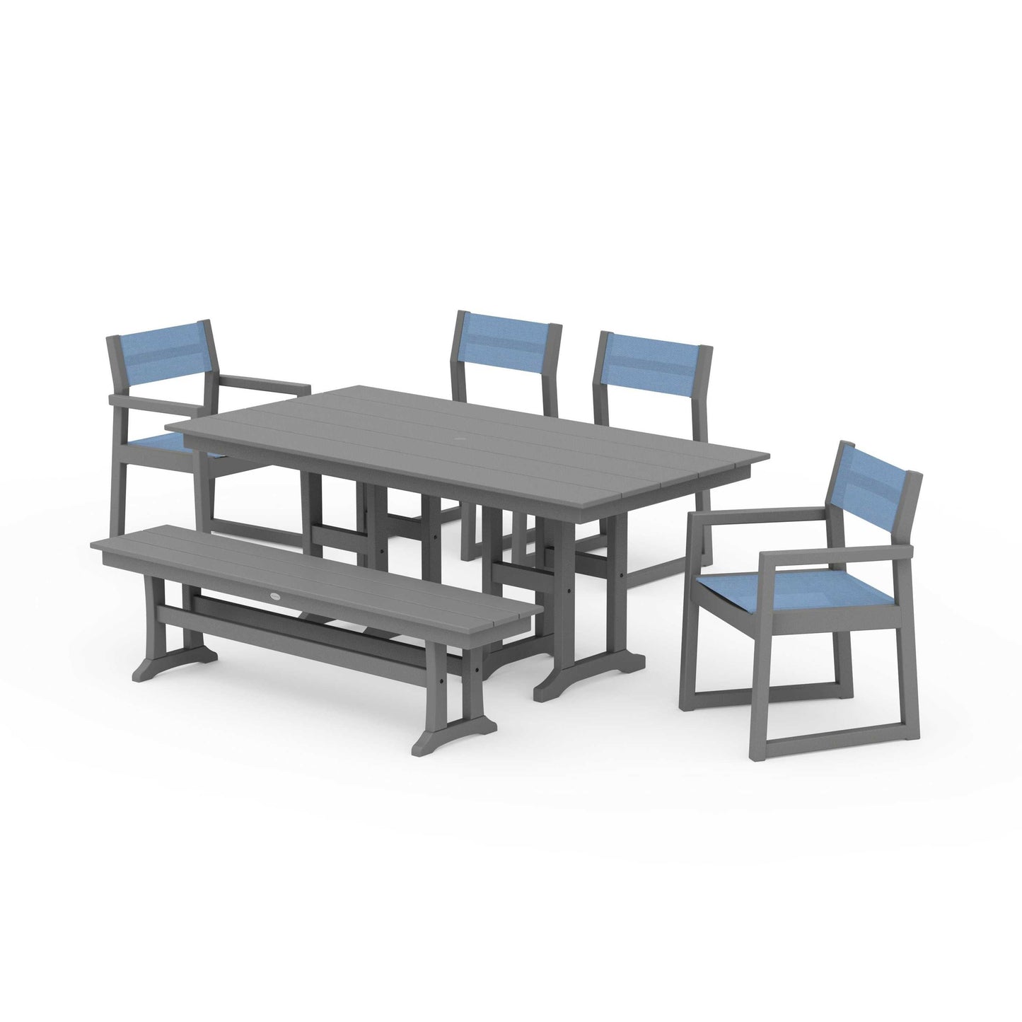 POLYWOOD EDGE Sling 6-Piece Farmhouse Dining Set — Slate Grey / Poolside Sling