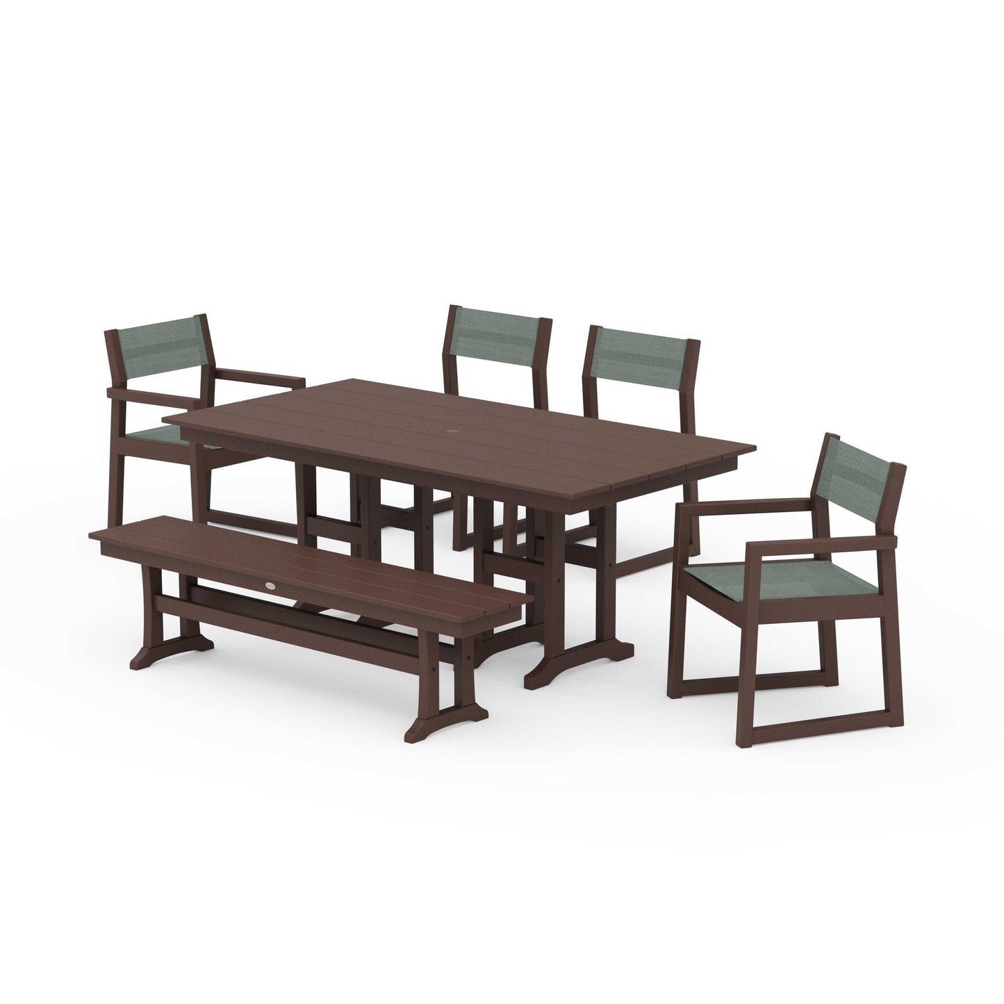 POLYWOOD EDGE Sling 6-Piece Farmhouse Dining Set — Mahogany / Dupioni Sea Mist Sling