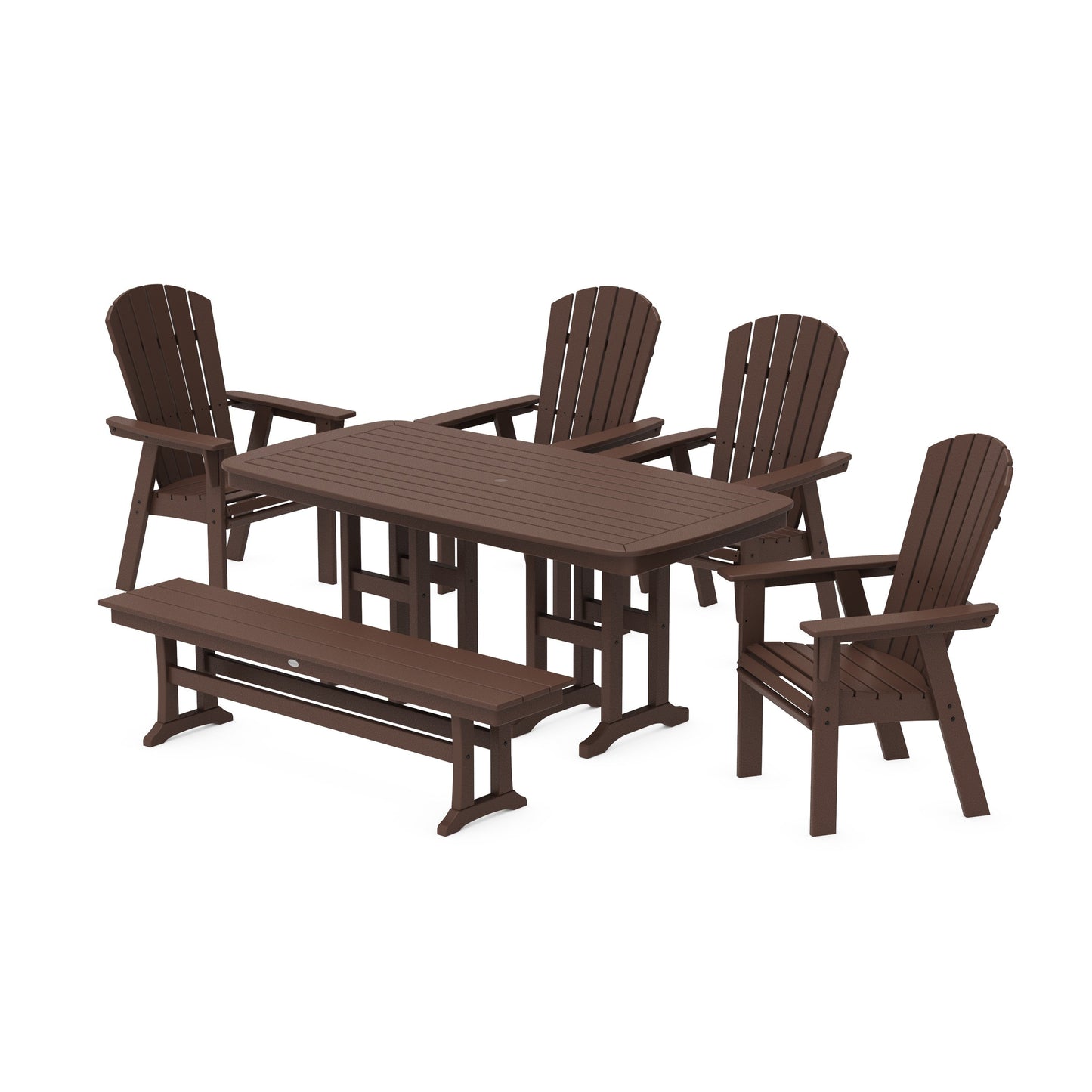 POLYWOOD Nautical Curveback Adirondack 6-Piece Dining Set with Bench — Mahogany