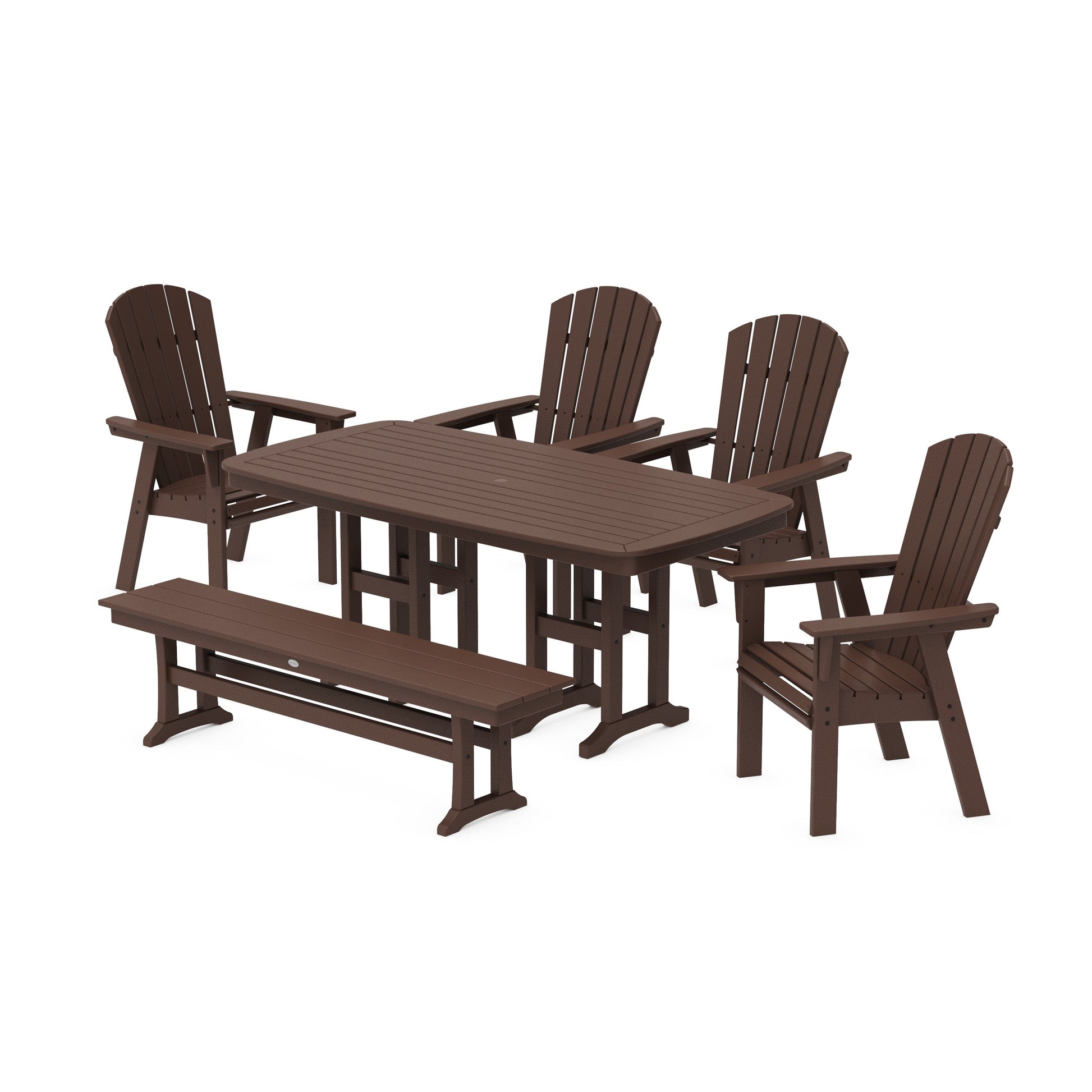 POLYWOOD Nautical Curveback Adirondack 6-Piece Dining Set with Bench — Mahogany