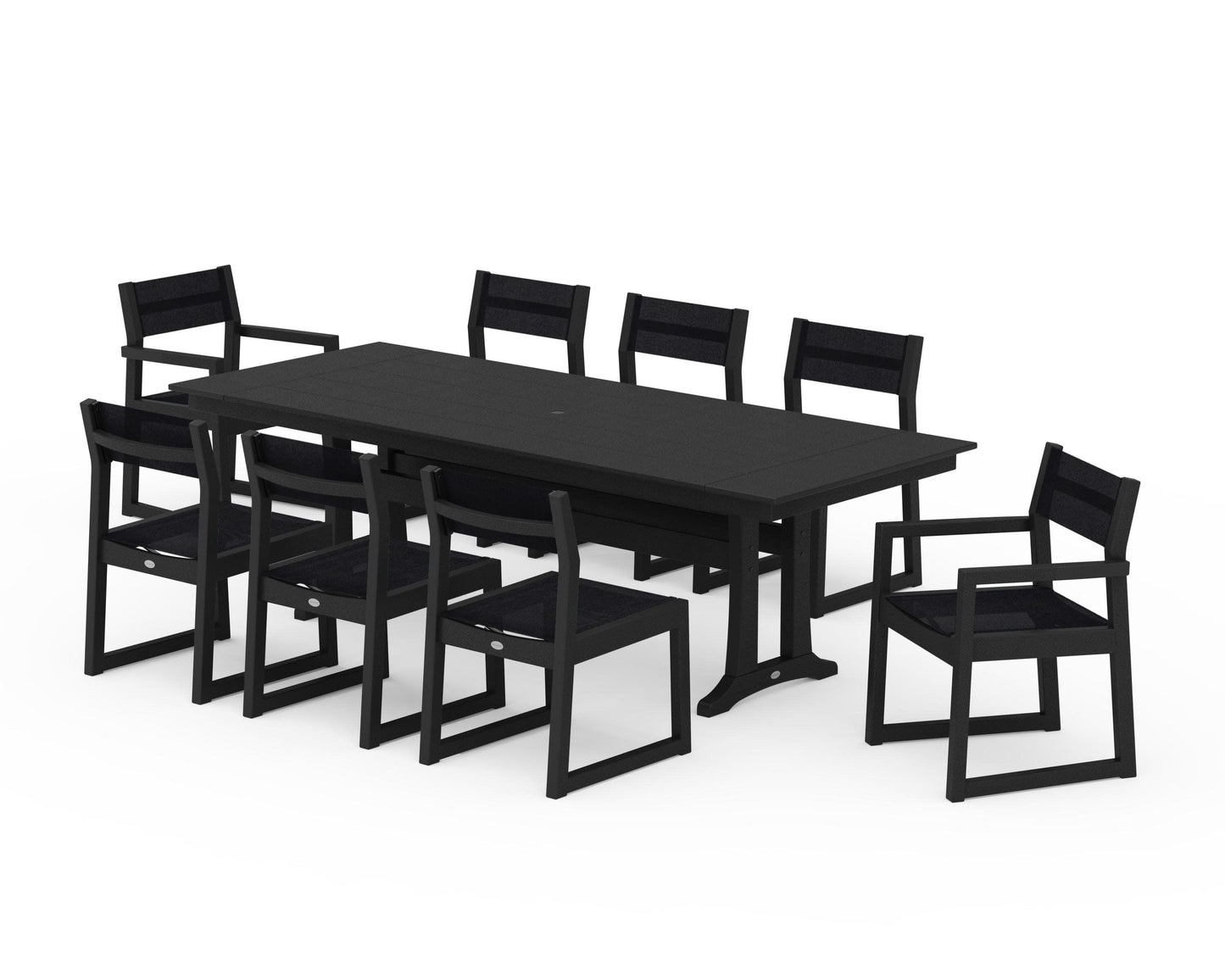 POLYWOOD EDGE Sling 9-Piece Farmhouse Trestle Dining Set — Black / Black Sling