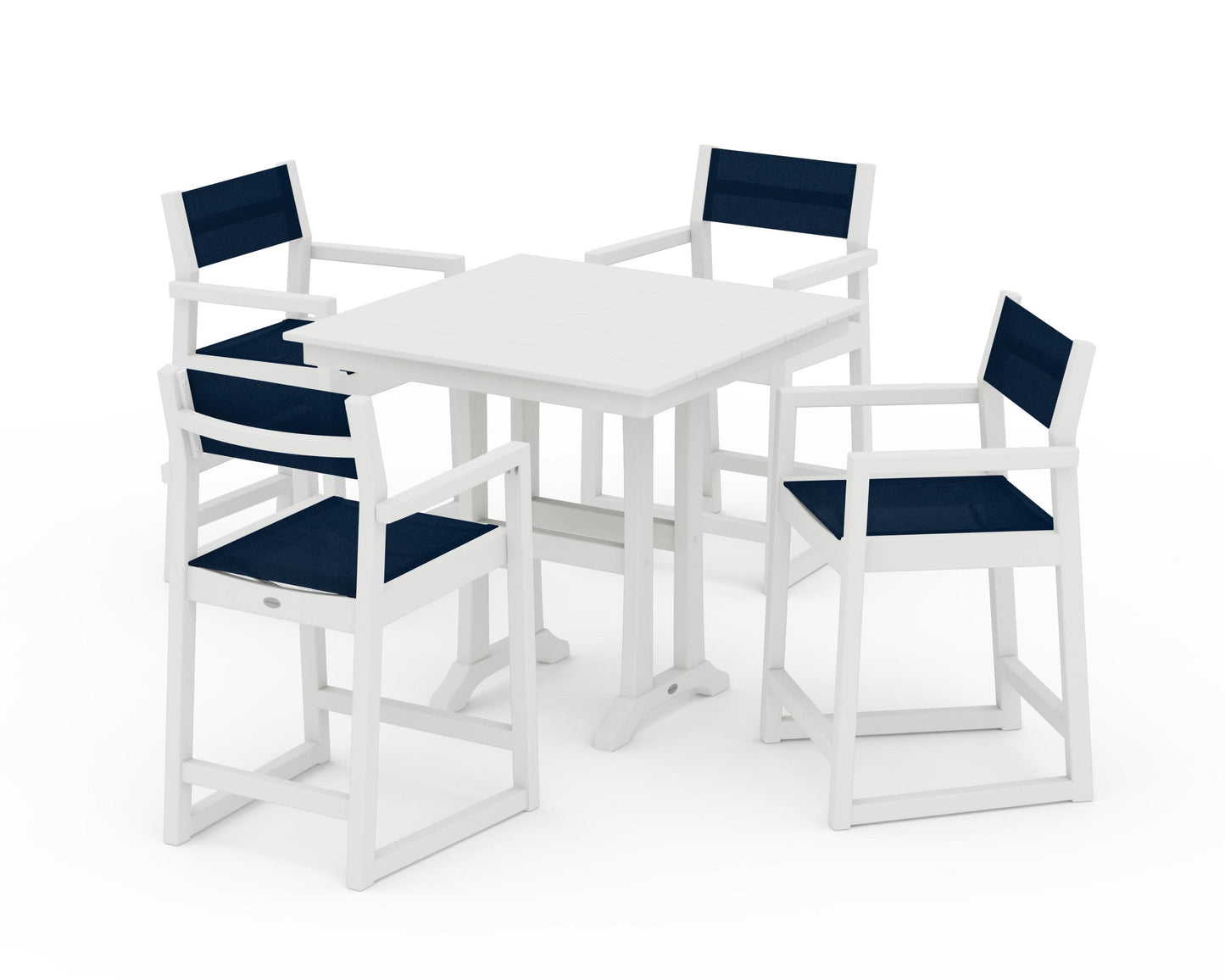 POLYWOOD EDGE Sling Arm Chair 5-Piece Farmhouse Counter Set with Trestle Legs — Vintage White / Navy Blue Sling