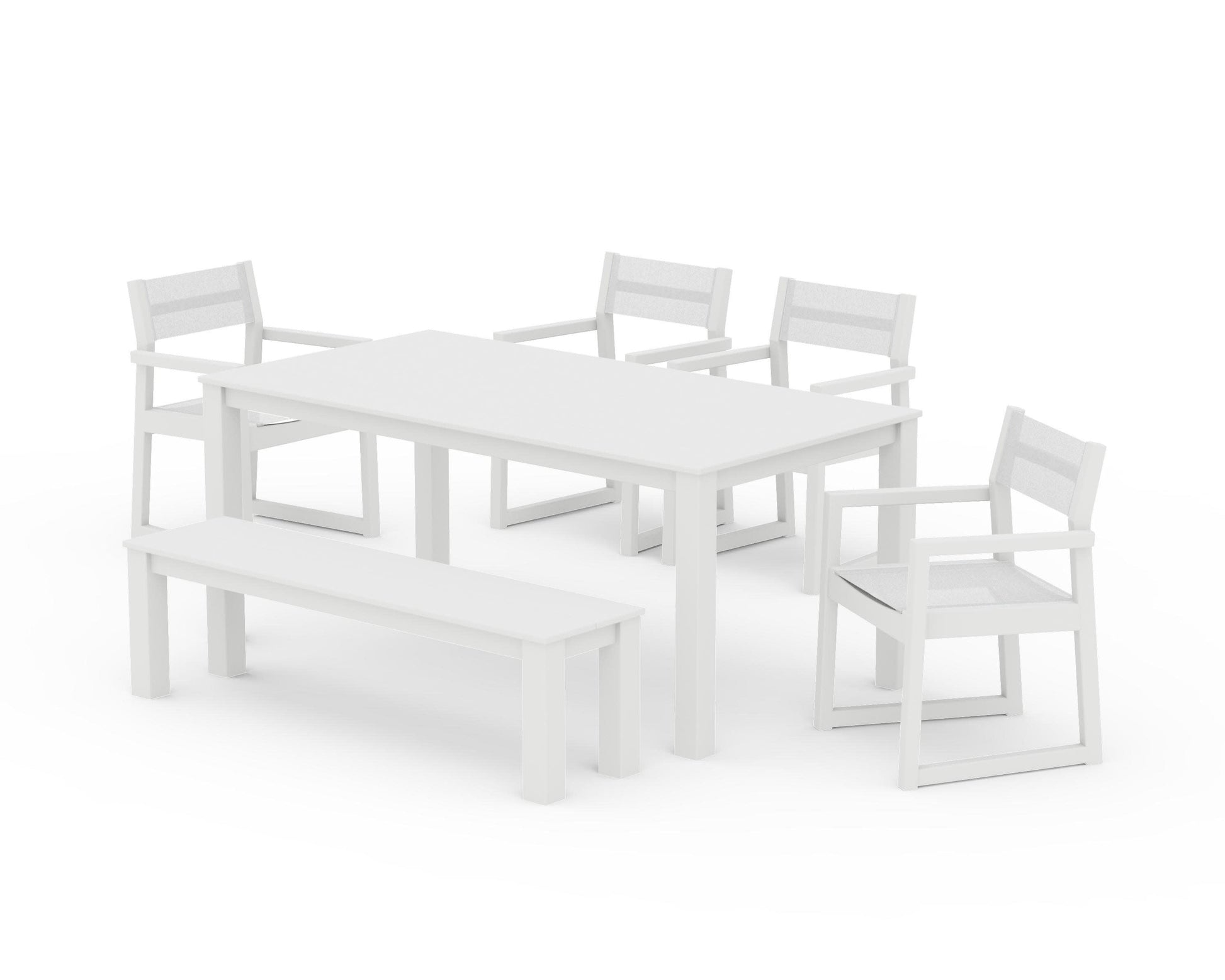 POLYWOOD EDGE Sling Arm Chair 6-Piece Parsons Dining Set with Bench — White / White Sling