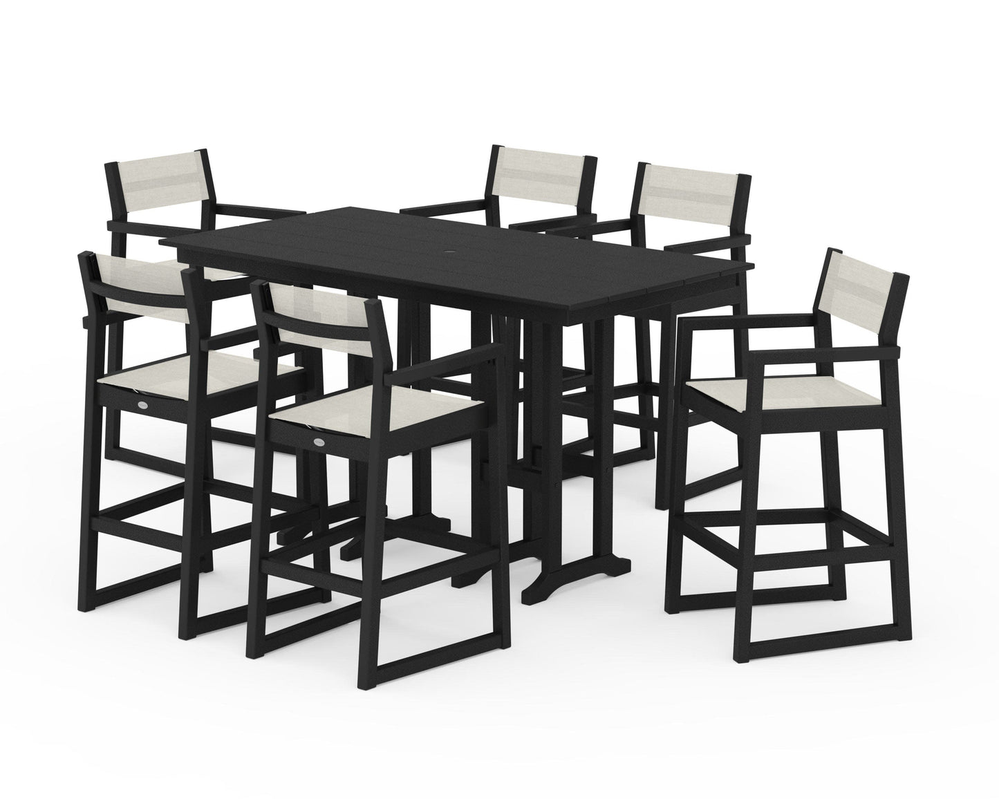 POLYWOOD EDGE Sling Arm Chair 7-Piece Farmhouse Bar Set — Black / Parchment Sling