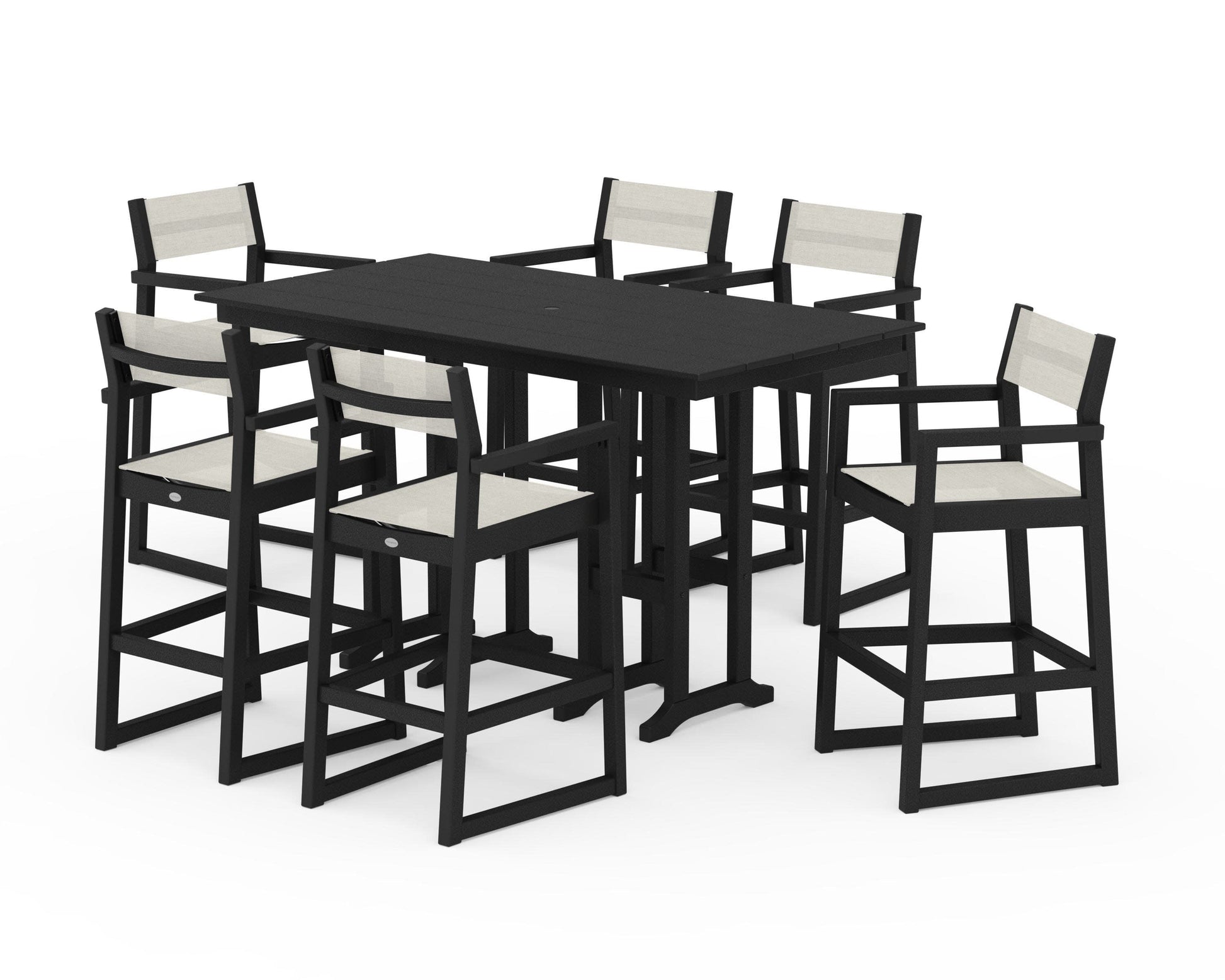 POLYWOOD EDGE Sling Arm Chair 7-Piece Farmhouse Bar Set — Black / Parchment Sling