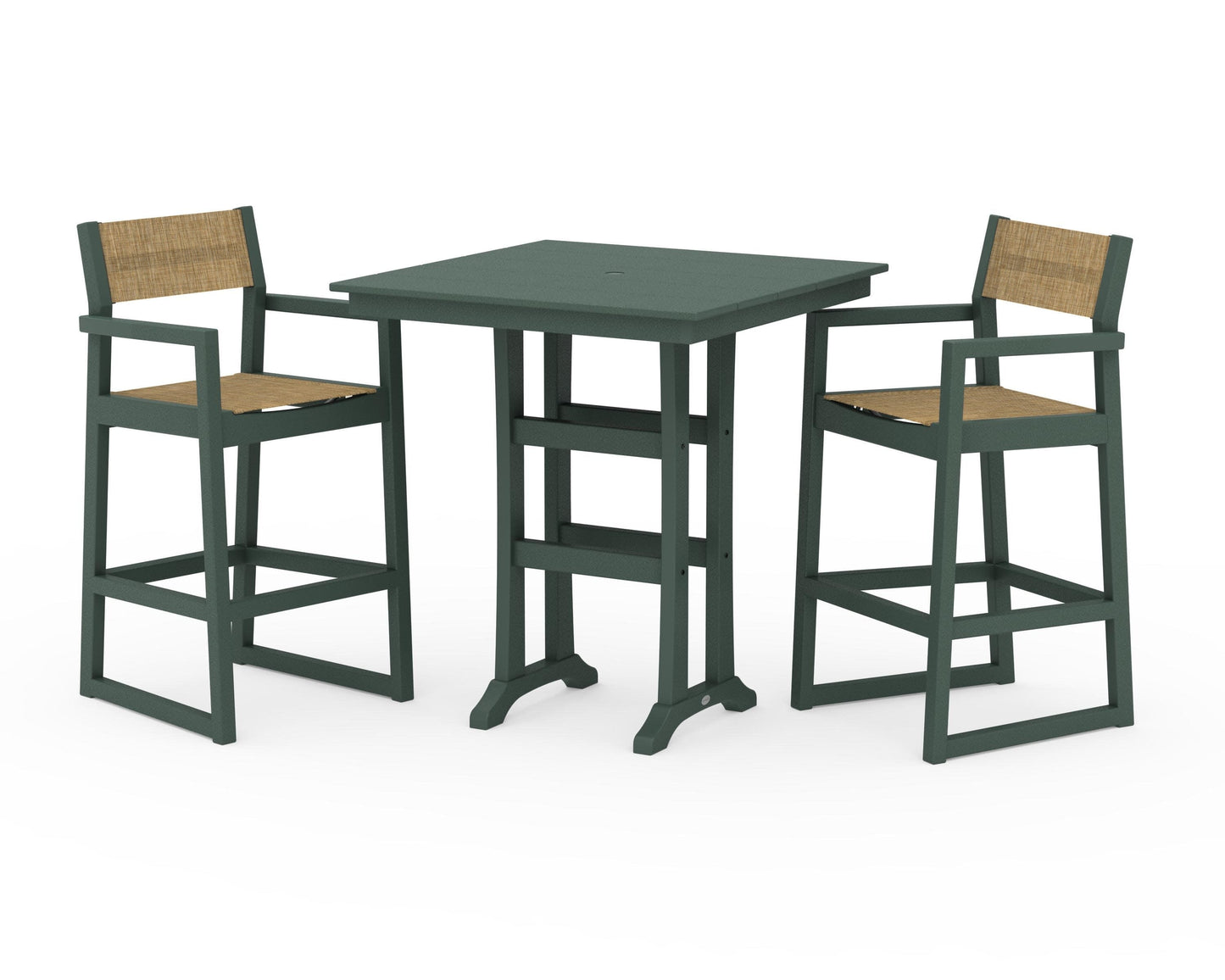 POLYWOOD EDGE Sling Arm Chair 3-Piece Farmhouse Bar Set with Trestle Legs — Green / Burlap Sling