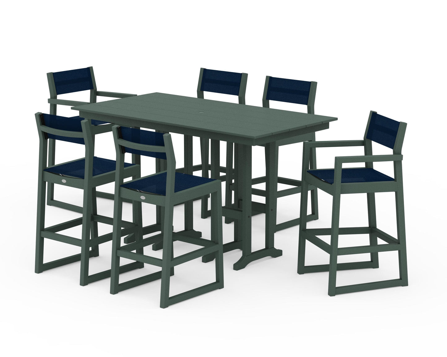 POLYWOOD EDGE Sling 7-Piece Farmhouse Bar Set — Green / Navy Blue Sling