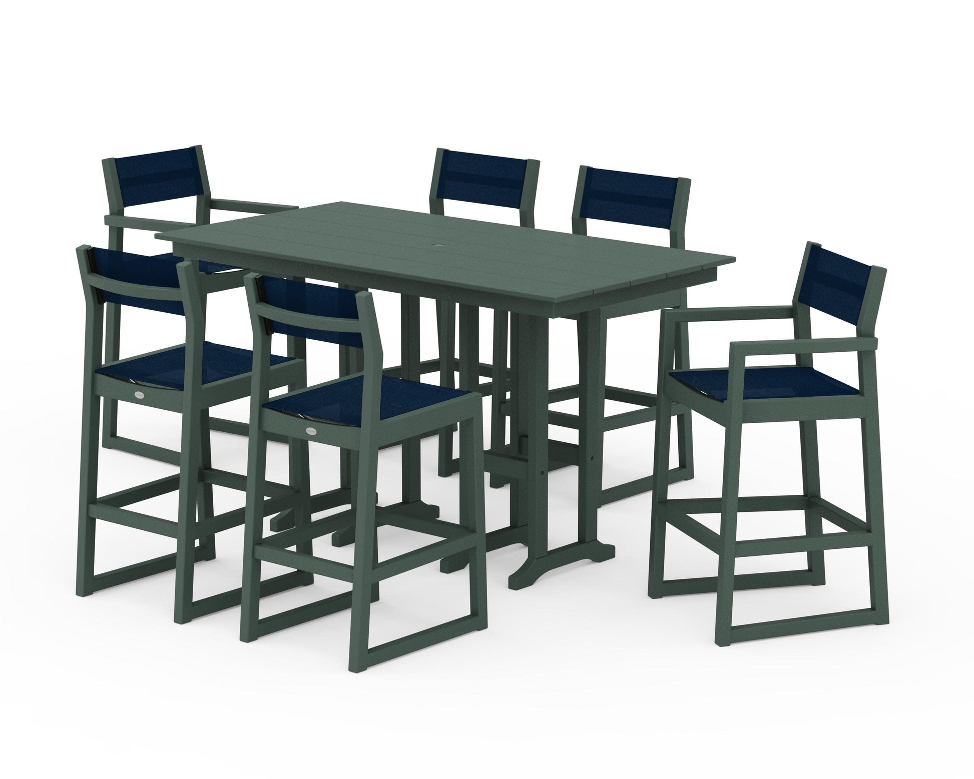 POLYWOOD EDGE Sling 7-Piece Farmhouse Bar Set — Green / Navy Blue Sling
