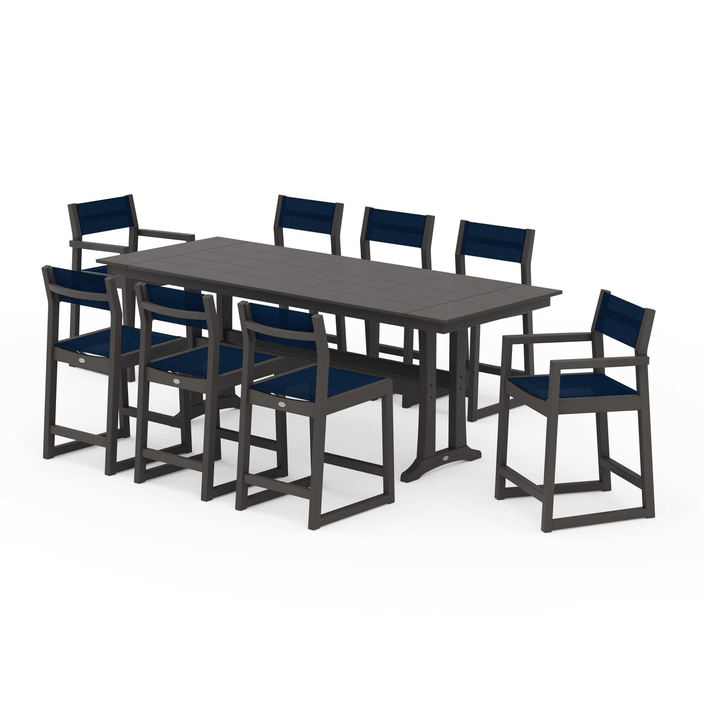 POLYWOOD EDGE Sling 9-Piece Farmhouse Counter Set with Trestle Legs — Vintage Coffee / Navy Blue Sling