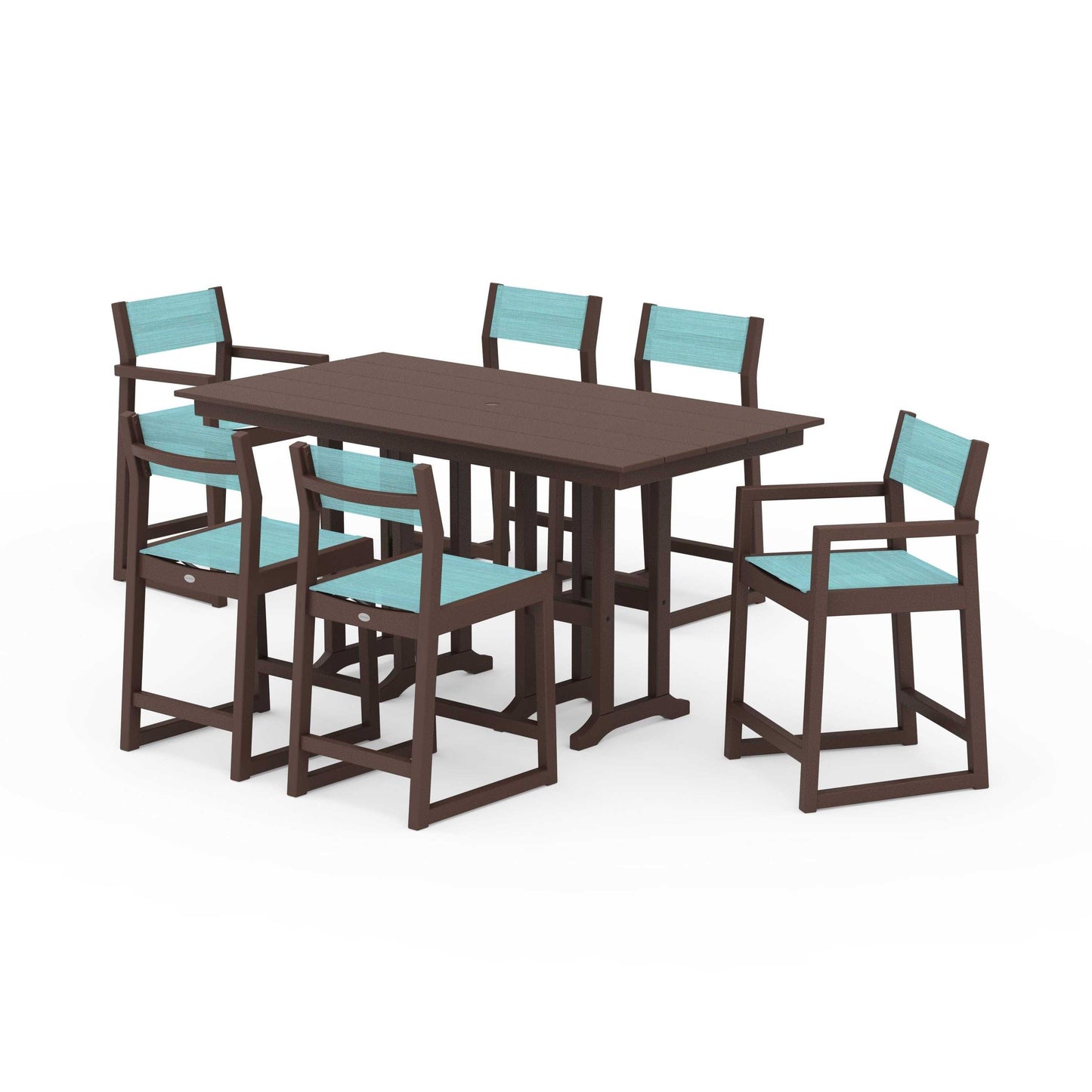 POLYWOOD EDGE Sling 7-Piece Farmhouse Counter Set with Trestle Legs — Mahogany / Dupioni Aquamarine Sling