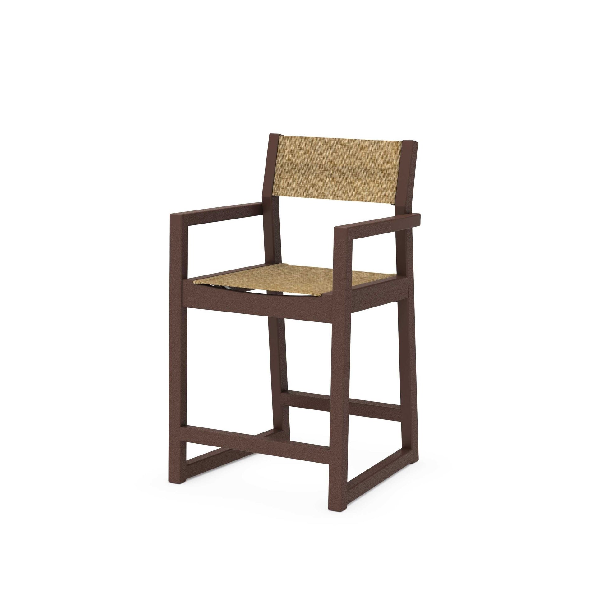 POLYWOOD EDGE Sling Counter Arm Chair — Mahogany / Burlap Sling