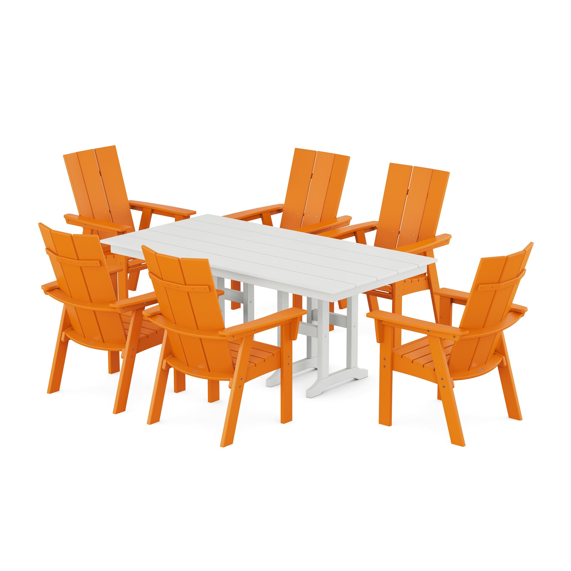 POLYWOOD Modern Curveback Adirondack 7-Piece Farmhouse Dining Set — Tangerine / White
