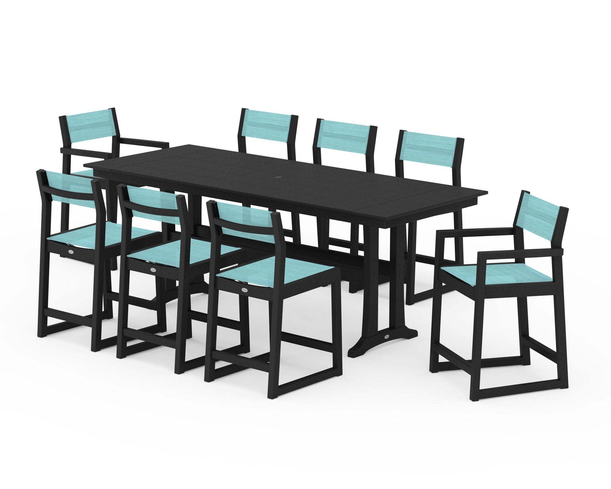 POLYWOOD EDGE Sling 9-Piece Farmhouse Counter Set with Trestle Legs — Black / Dupioni Aquamarine Sling