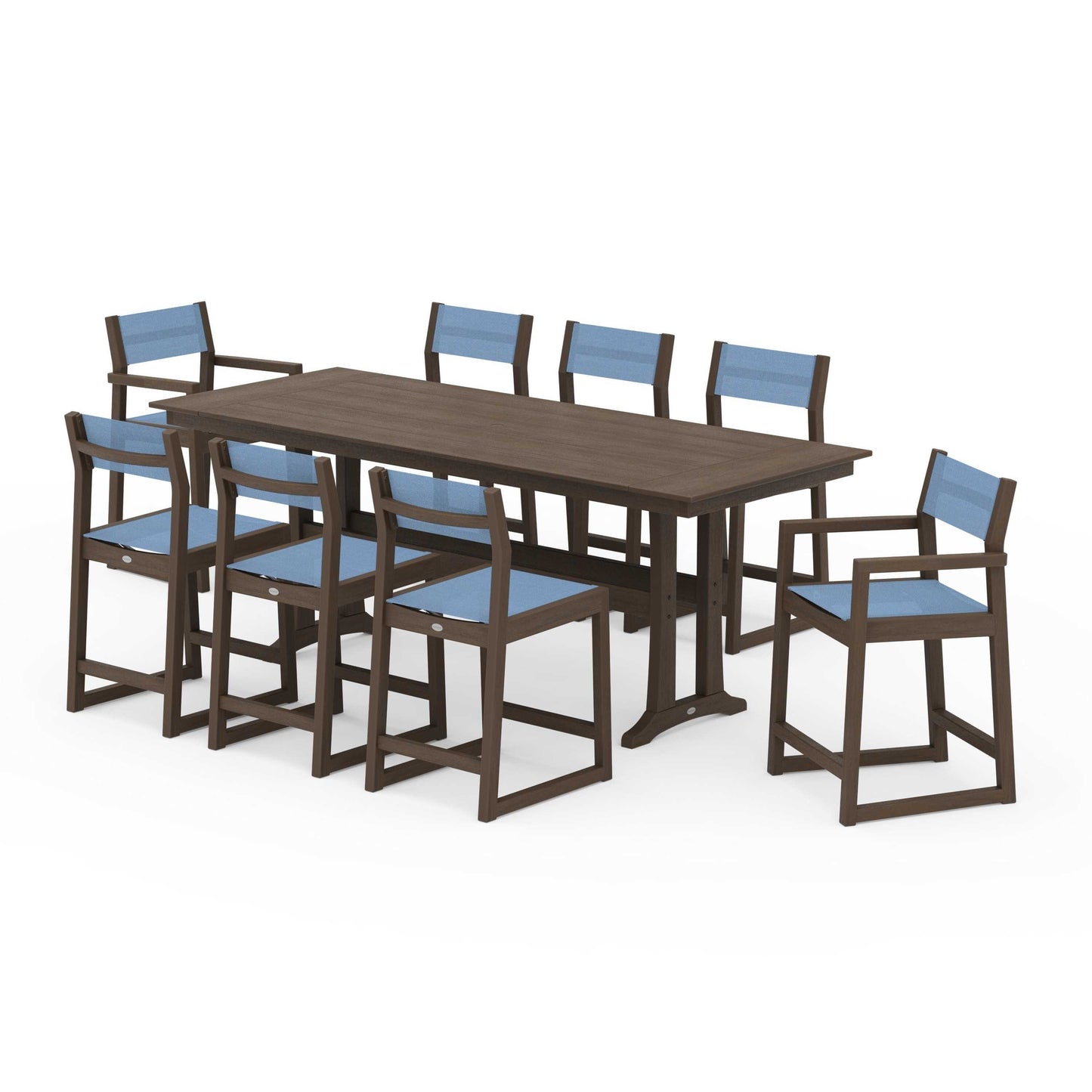 POLYWOOD EDGE Sling 9-Piece Farmhouse Counter Set with Trestle Legs — Kona / Poolside Sling