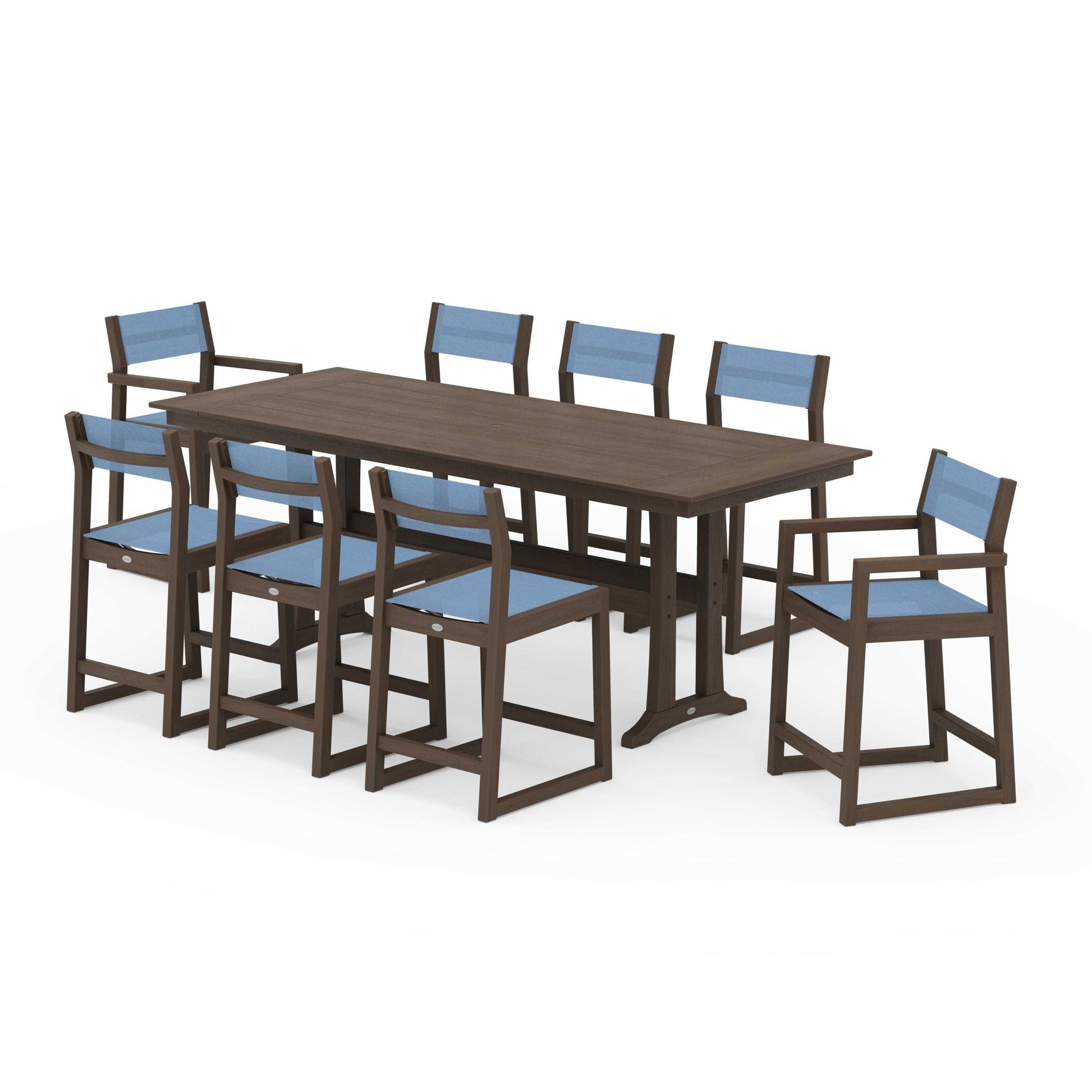 POLYWOOD EDGE Sling 9-Piece Farmhouse Counter Set with Trestle Legs — Kona / Poolside Sling