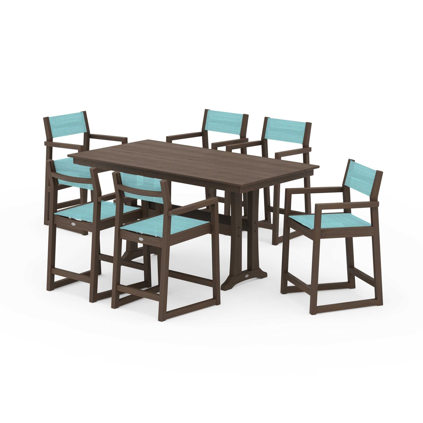 POLYWOOD EDGE Sling Arm Chair 7-Piece Farmhouse Counter Set with Trestle Legs — Kona / Dupioni Aquamarine Sling