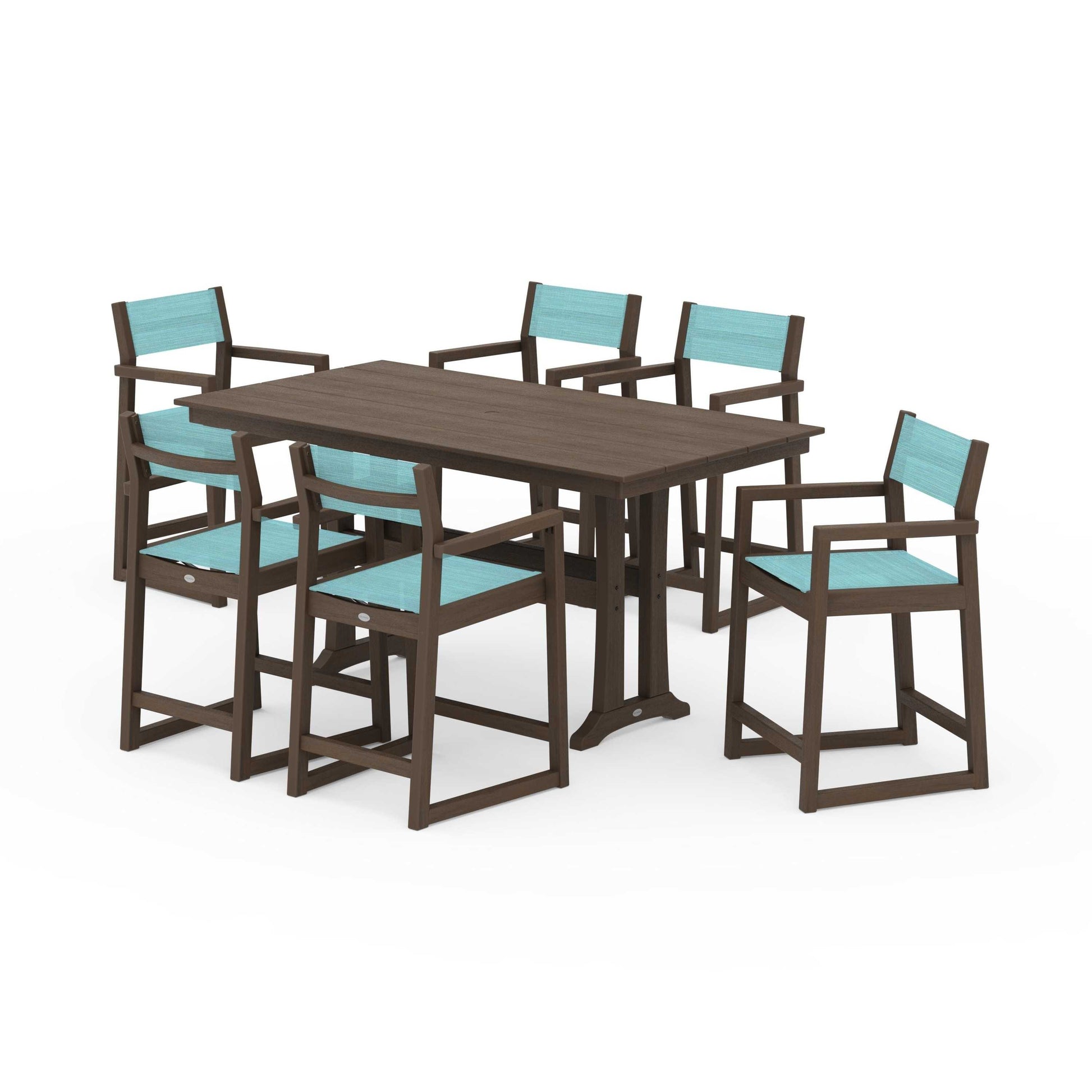 POLYWOOD EDGE Sling Arm Chair 7-Piece Farmhouse Counter Set with Trestle Legs — Kona / Dupioni Aquamarine Sling