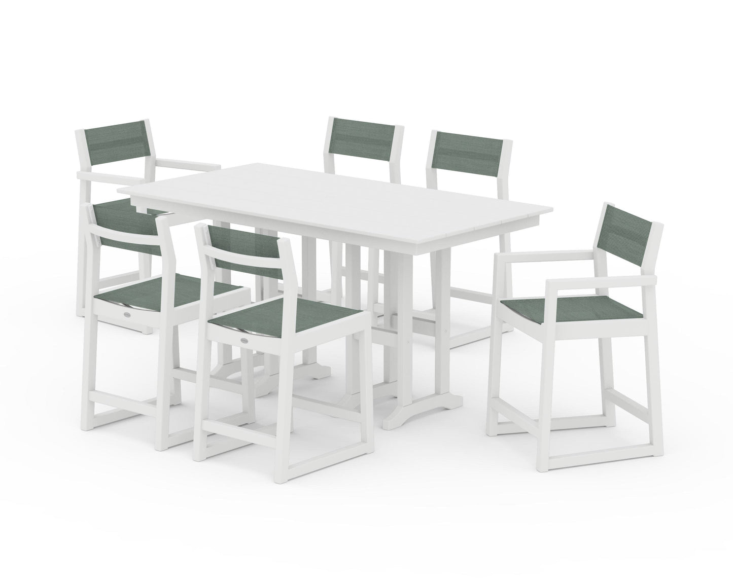 POLYWOOD EDGE Sling 7-Piece Farmhouse Counter Set with Trestle Legs — White / Dupioni Sea Mist Sling