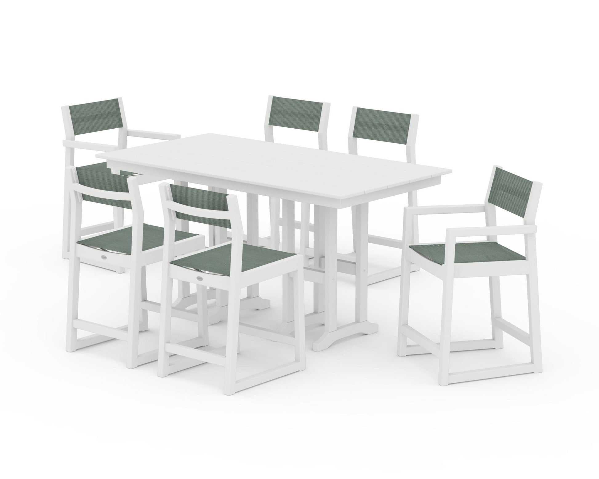 POLYWOOD EDGE Sling 7-Piece Farmhouse Counter Set with Trestle Legs — White / Dupioni Sea Mist Sling