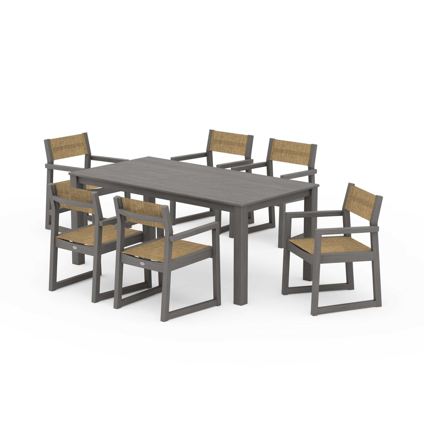 POLYWOOD EDGE Sling Arm Chair 7-Piece Parsons Dining Set — Driftwood / Burlap Sling