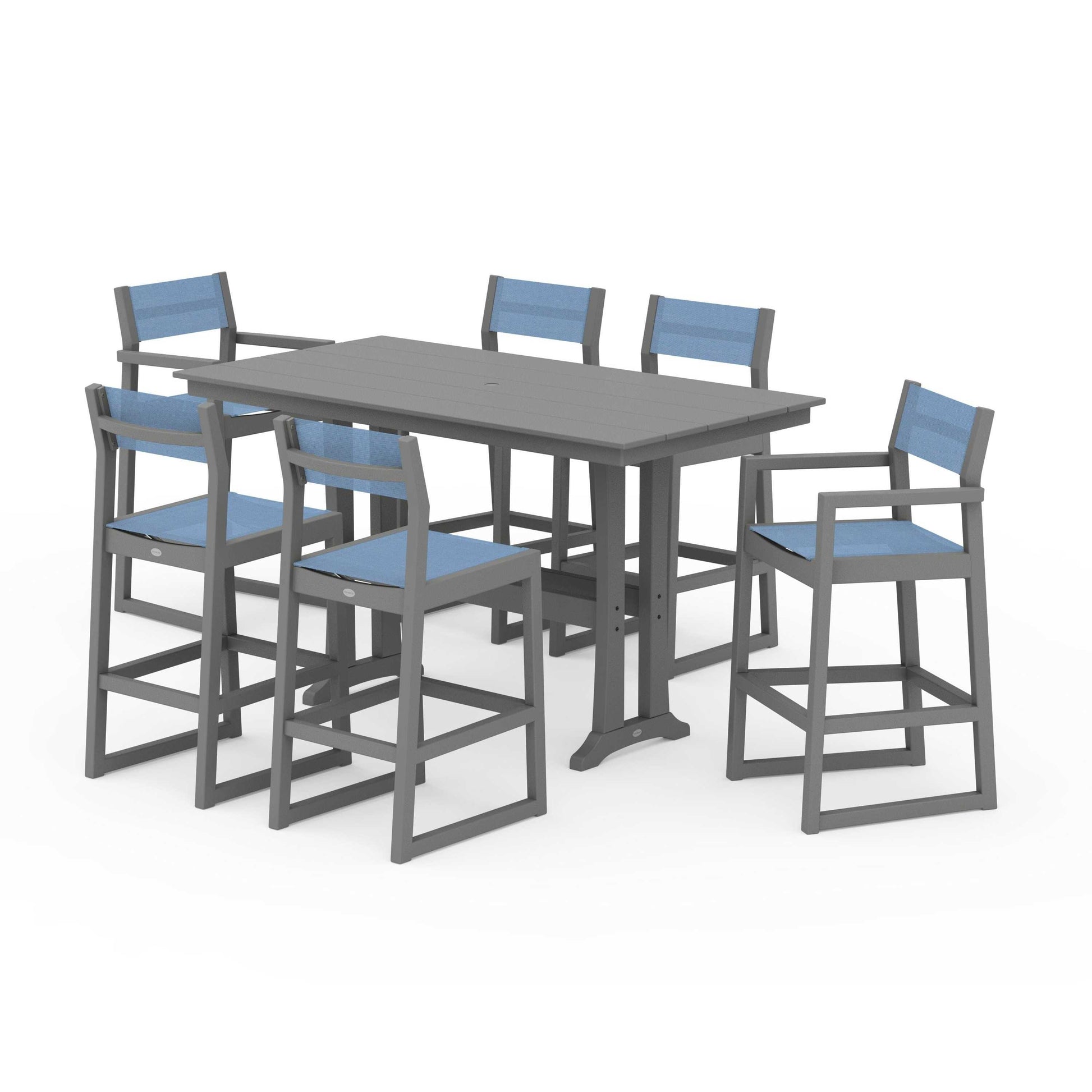 POLYWOOD EDGE Sling 7-Piece Farmhouse Bar Set with Trestle Legs — Slate Grey / Poolside Sling