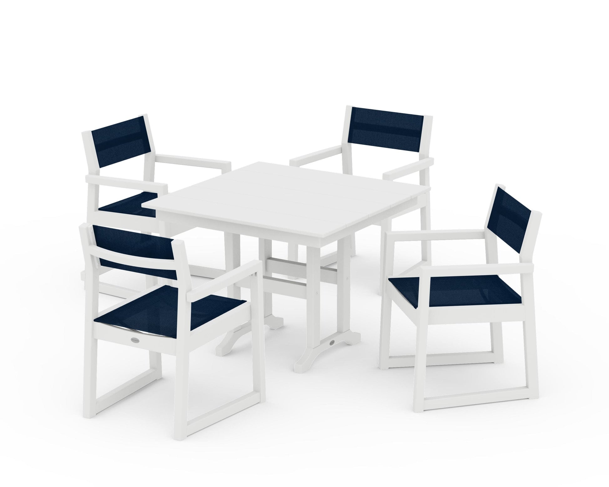 POLYWOOD EDGE Sling Arm Chair 5-Piece Farmhouse Dining Set — White / Navy Blue Sling