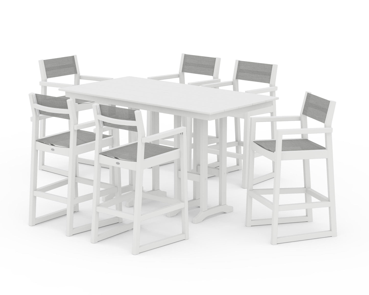 POLYWOOD EDGE Sling Arm Chair 7-Piece Farmhouse Bar Set — White / Metallic Sling