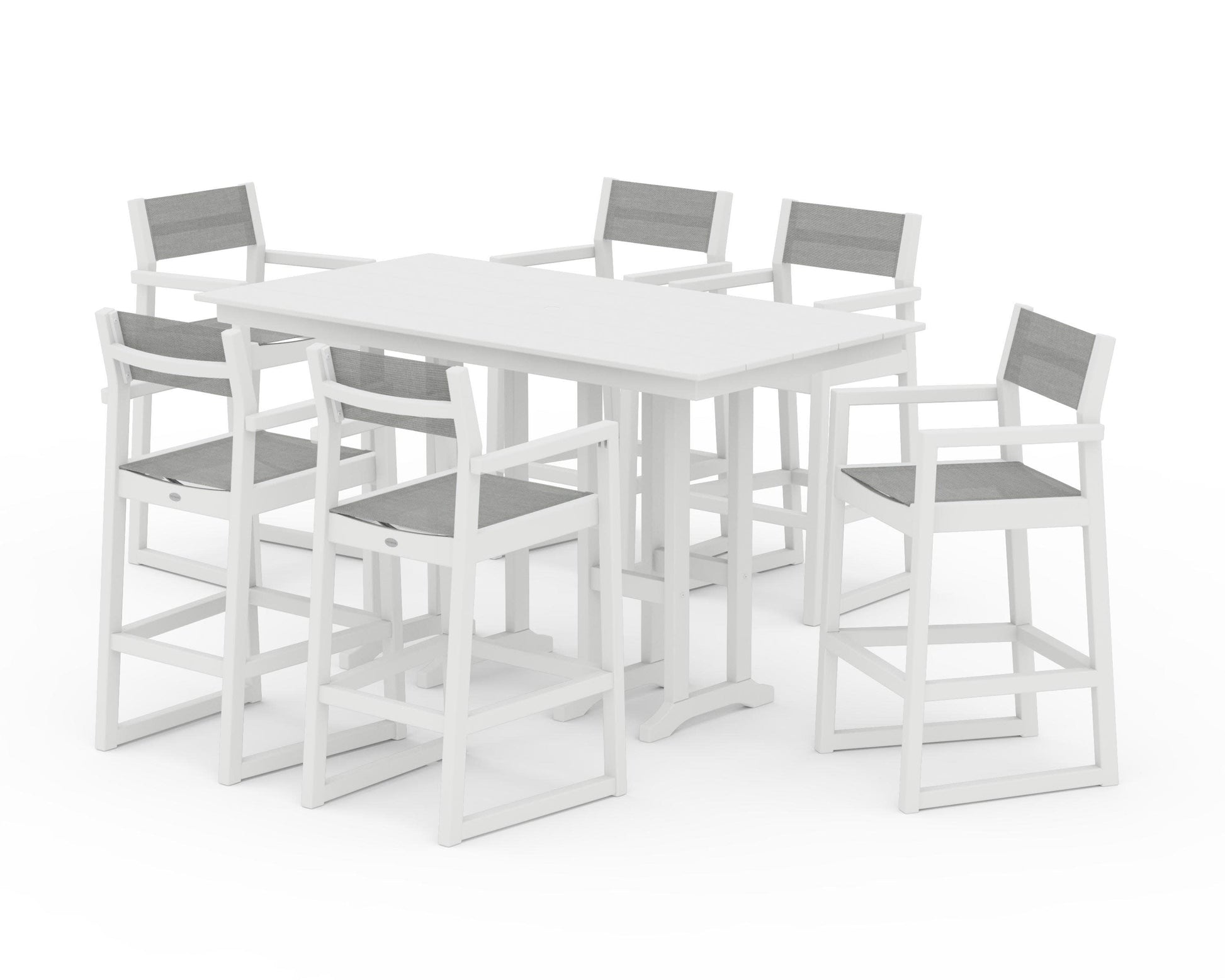 POLYWOOD EDGE Sling Arm Chair 7-Piece Farmhouse Bar Set — White / Metallic Sling