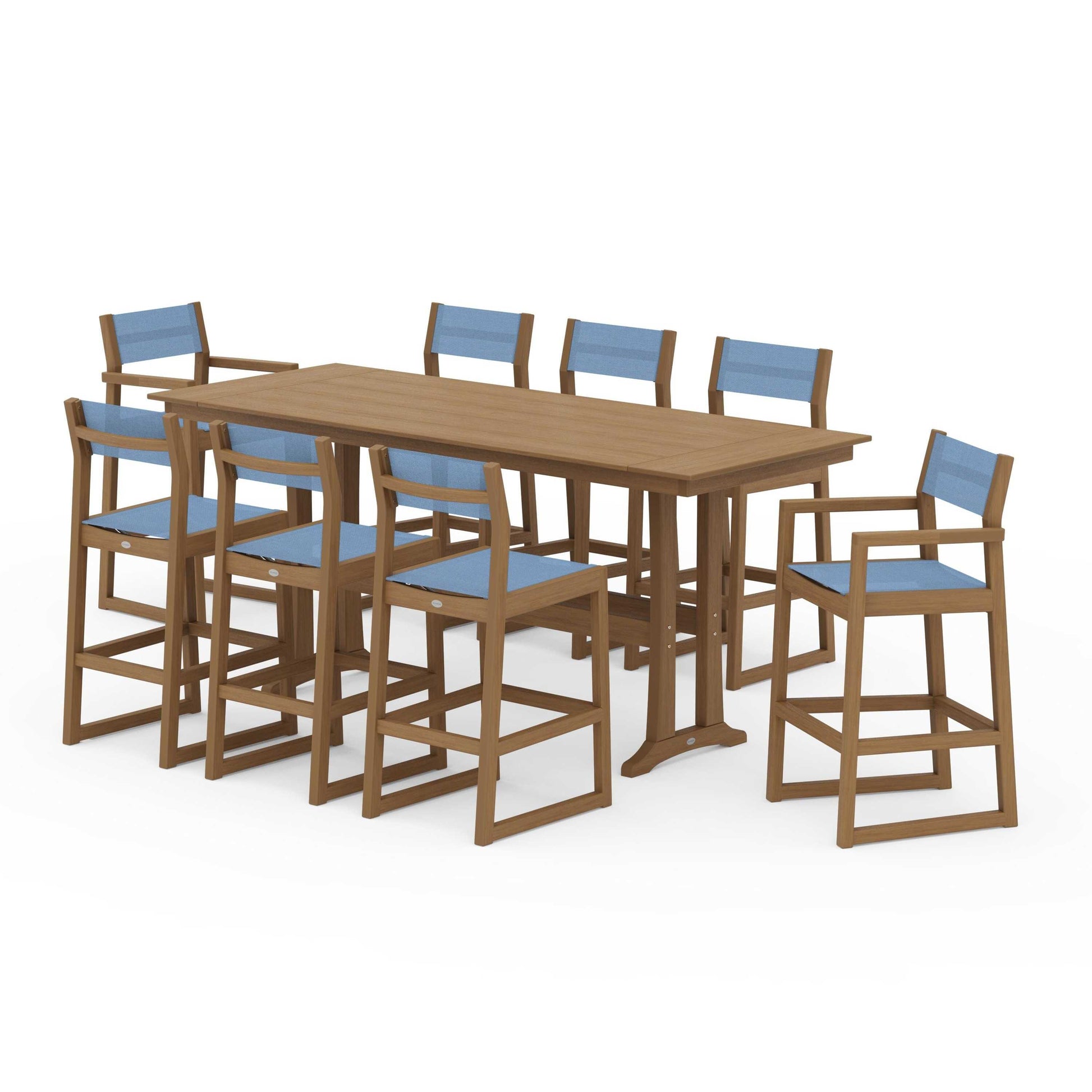 POLYWOOD EDGE Sling 9-Piece Farmhouse Bar Set with Trestle Legs — Natural / Poolside Sling