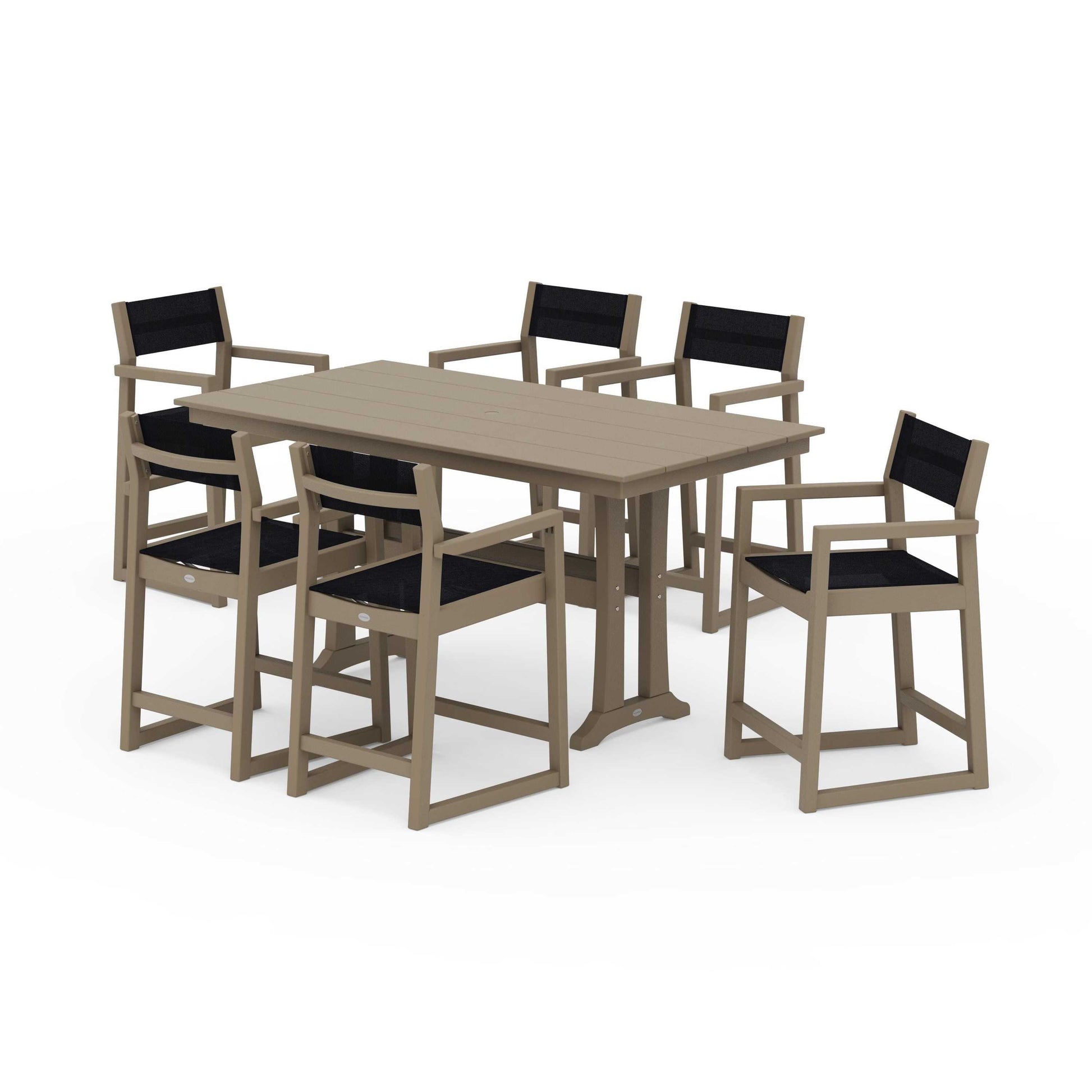 POLYWOOD EDGE Sling Arm Chair 7-Piece Farmhouse Counter Set with Trestle Legs — Vintage Sahara / Black Sling