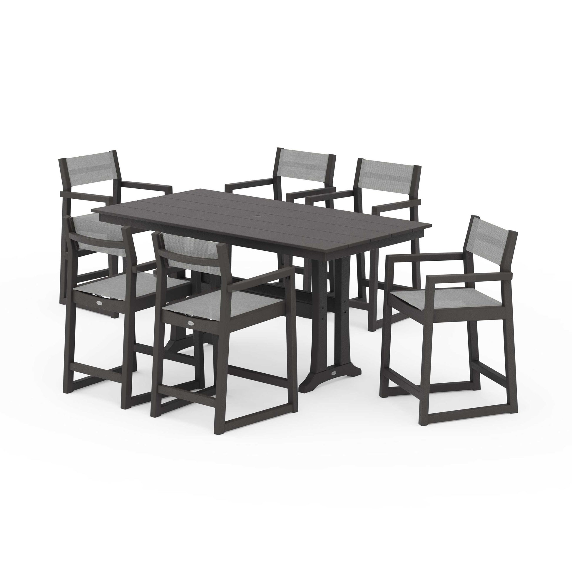 POLYWOOD EDGE Sling Arm Chair 7-Piece Farmhouse Counter Set with Trestle Legs — Vintage Coffee / Metallic Sling
