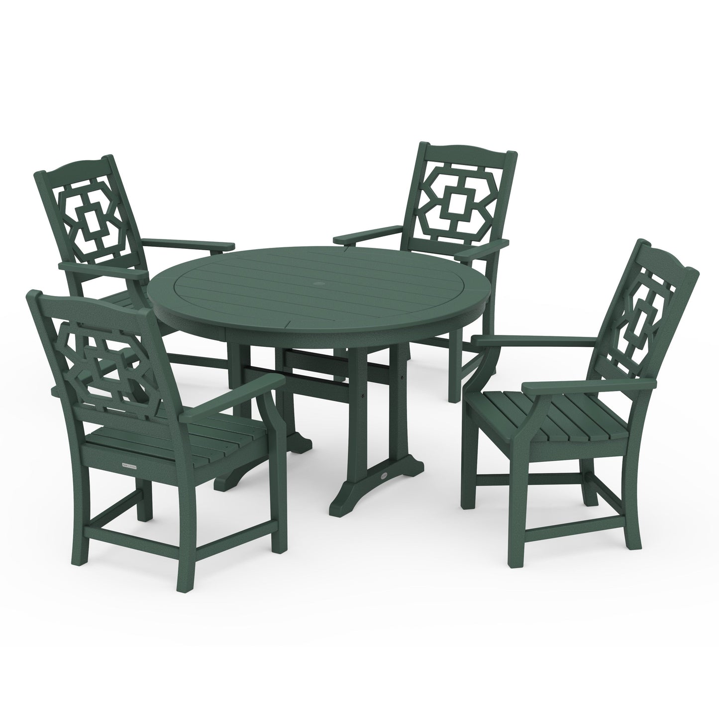 POLYWOOD Chinoiserie 5-Piece Round Dining Set with Trestle Legs — Green