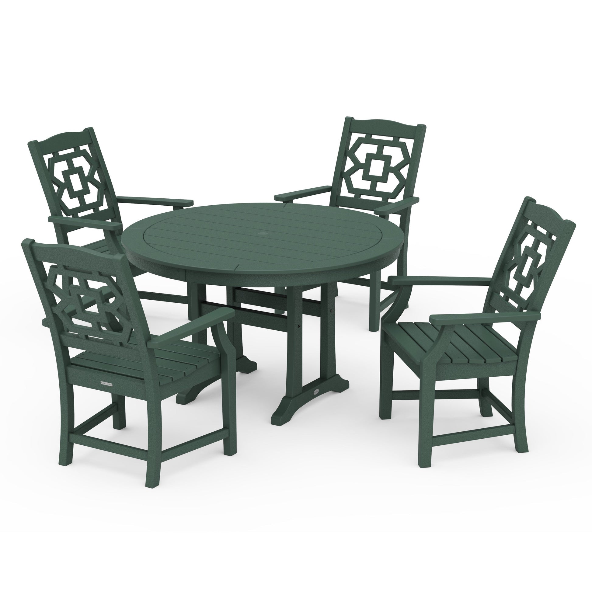 POLYWOOD Chinoiserie 5-Piece Round Dining Set with Trestle Legs — Green