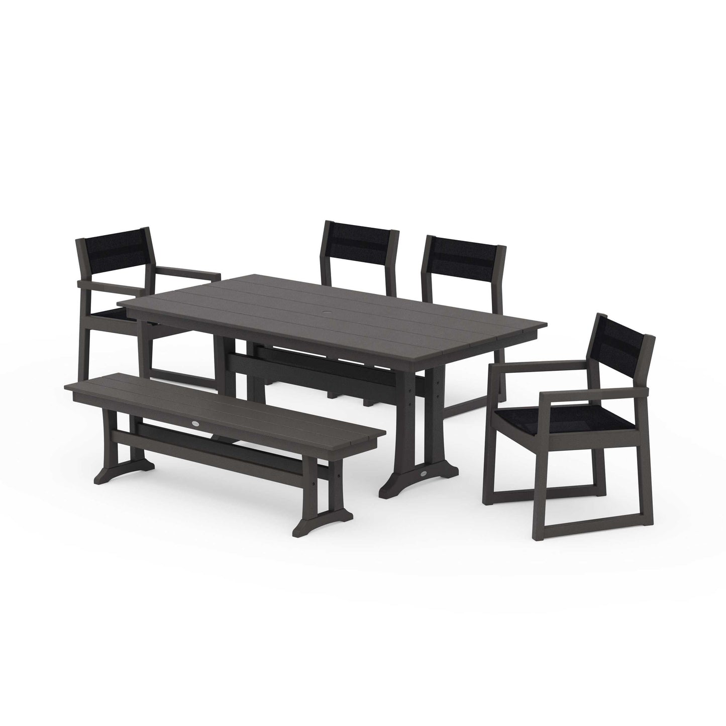 POLYWOOD EDGE Sling 6-Piece Farmhouse Dining Set With Trestle Legs — Vintage Coffee / Black Sling