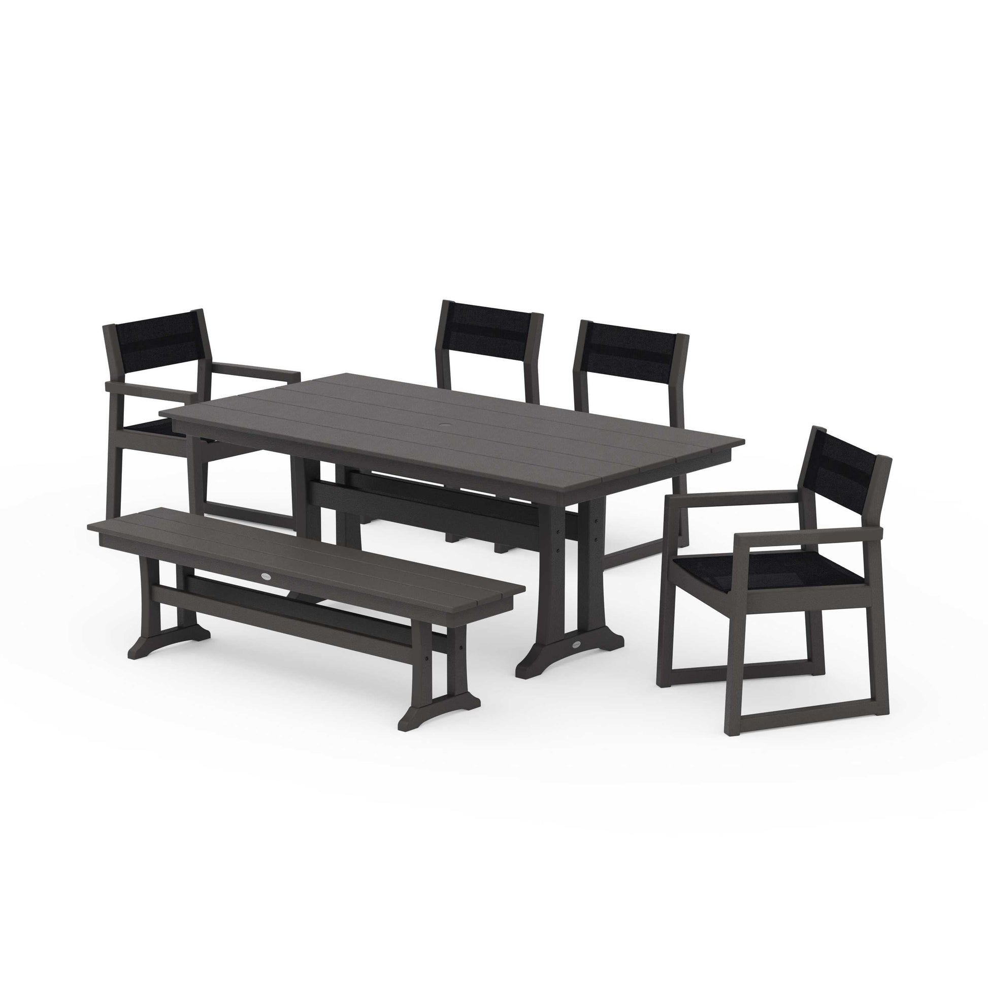 POLYWOOD EDGE Sling 6-Piece Farmhouse Dining Set With Trestle Legs — Vintage Coffee / Black Sling