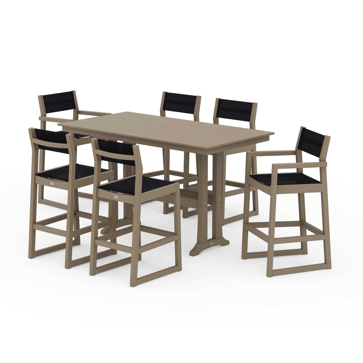 POLYWOOD EDGE Sling 7-Piece Farmhouse Bar Set with Trestle Legs — Vintage Sahara / Black Sling