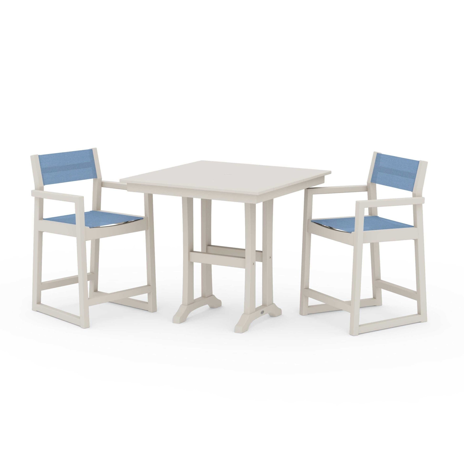 POLYWOOD EDGE Sling Arm Chair 3-Piece Farmhouse Counter Set with Trestle Legs — Sand / Poolside Sling