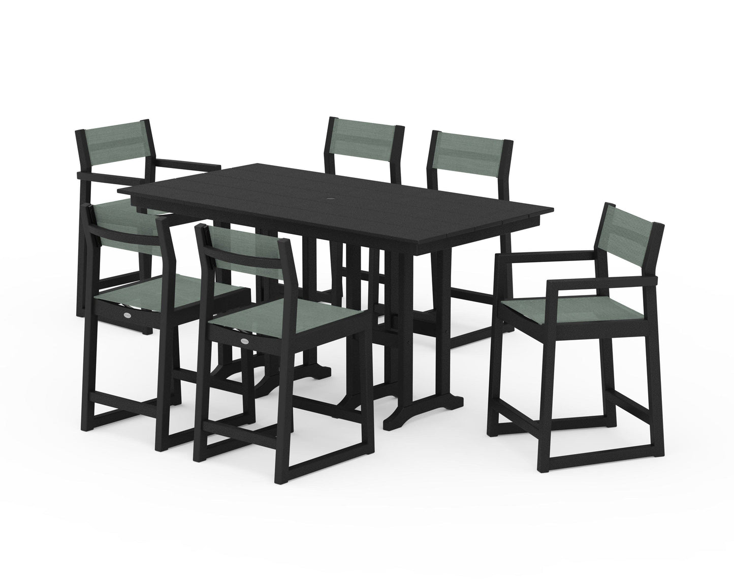 POLYWOOD EDGE Sling 7-Piece Farmhouse Counter Set with Trestle Legs — Black / Dupioni Sea Mist Sling
