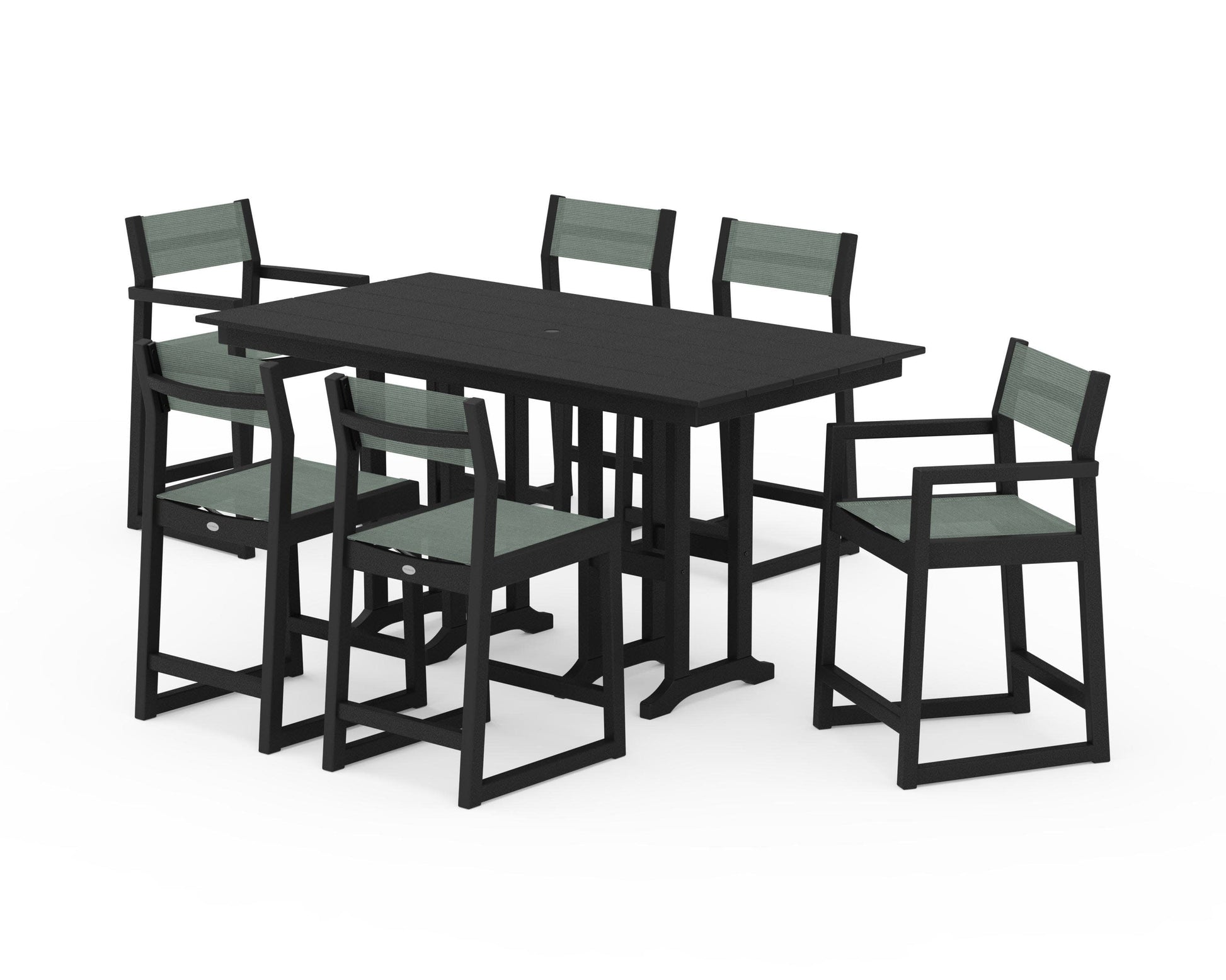 POLYWOOD EDGE Sling 7-Piece Farmhouse Counter Set with Trestle Legs — Black / Dupioni Sea Mist Sling