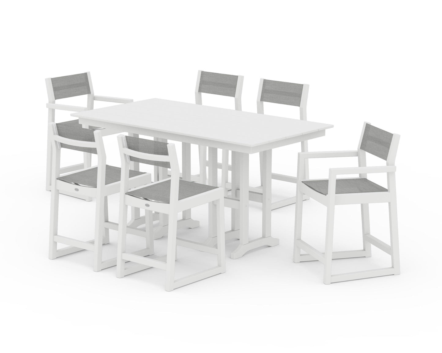 POLYWOOD EDGE Sling 7-Piece Farmhouse Counter Set with Trestle Legs — White / Metallic Sling