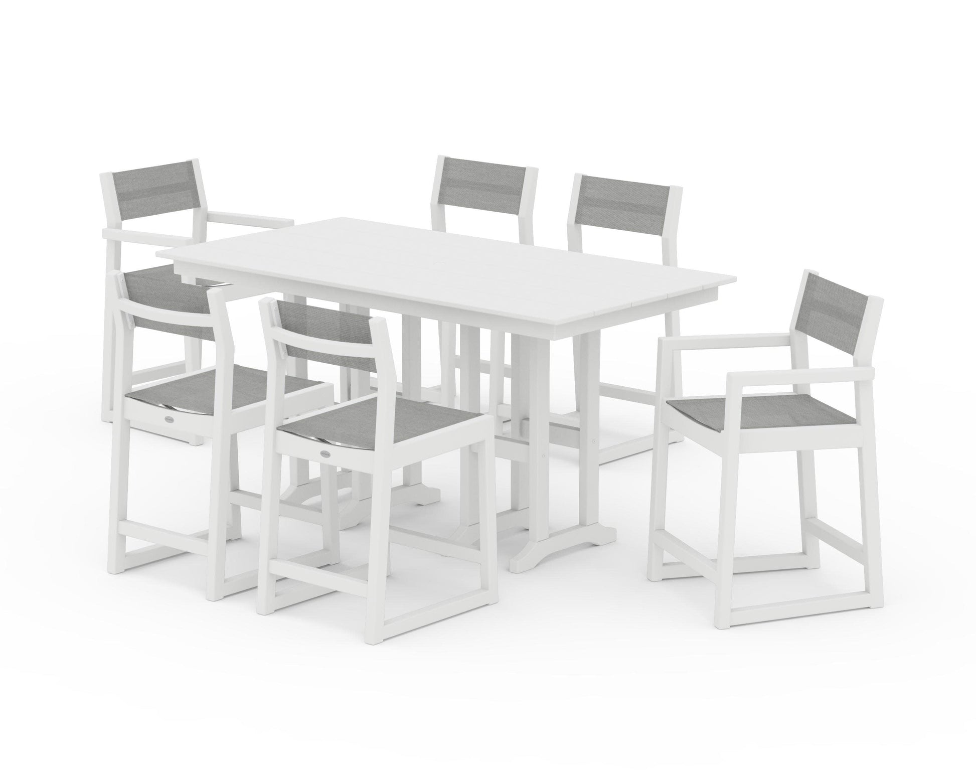 POLYWOOD EDGE Sling 7-Piece Farmhouse Counter Set with Trestle Legs — White / Metallic Sling