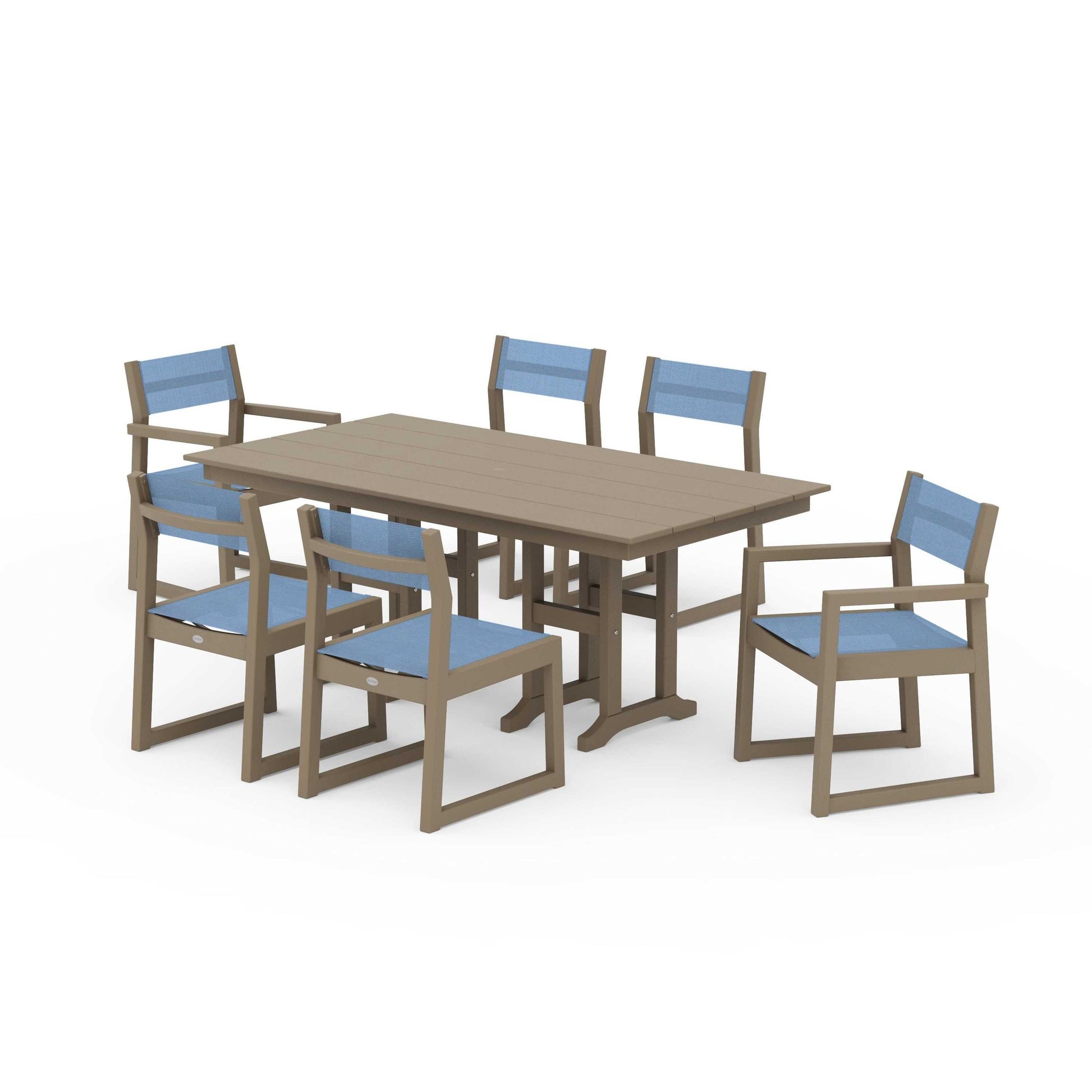 POLYWOOD EDGE Sling 7-Piece Farmhouse Dining Set — Vintage Sahara / Poolside Sling