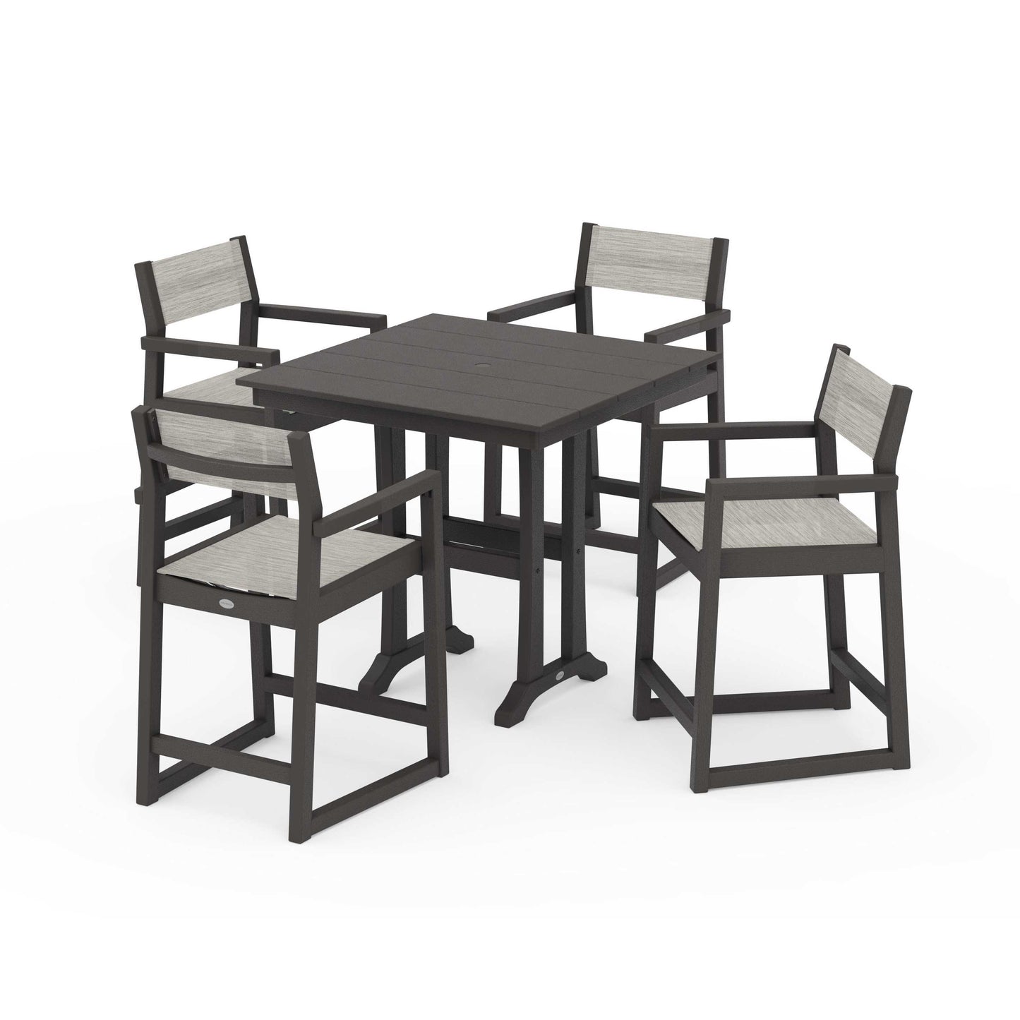POLYWOOD EDGE Sling Arm Chair 5-Piece Farmhouse Counter Set with Trestle Legs — Vintage Coffee / Birch Sling