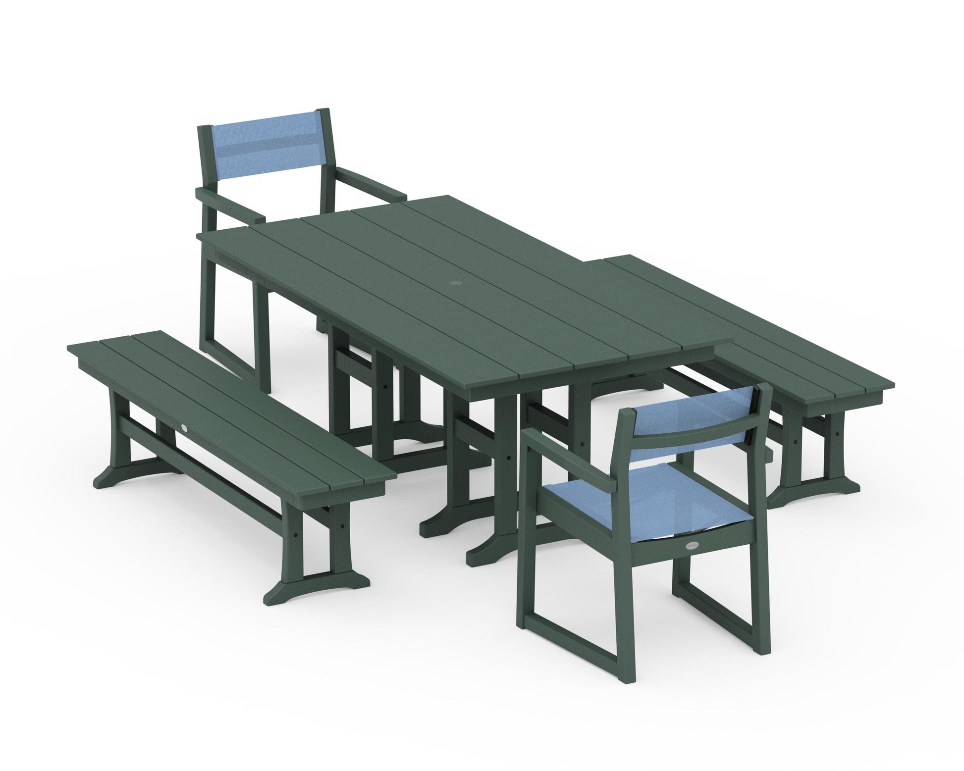 POLYWOOD EDGE Sling Arm Chair 5-Piece Farmhouse Dining Set with Benches — Green / Poolside Sling