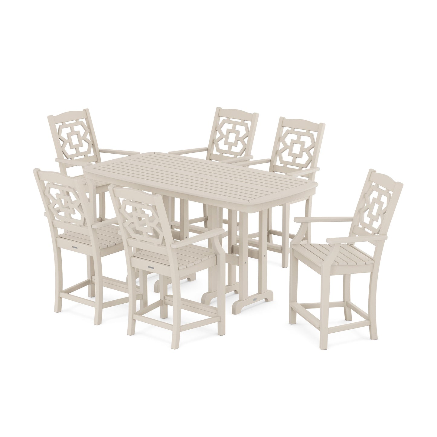 POLYWOOD Chinoiserie Arm Chair 7-Piece Counter Set — Sand