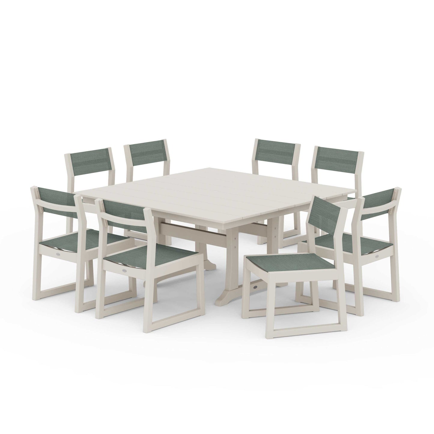POLYWOOD EDGE Sling Side Chair 9-Piece Farmhouse Trestle Dining Set — Sand / Dupioni Sea Mist Sling