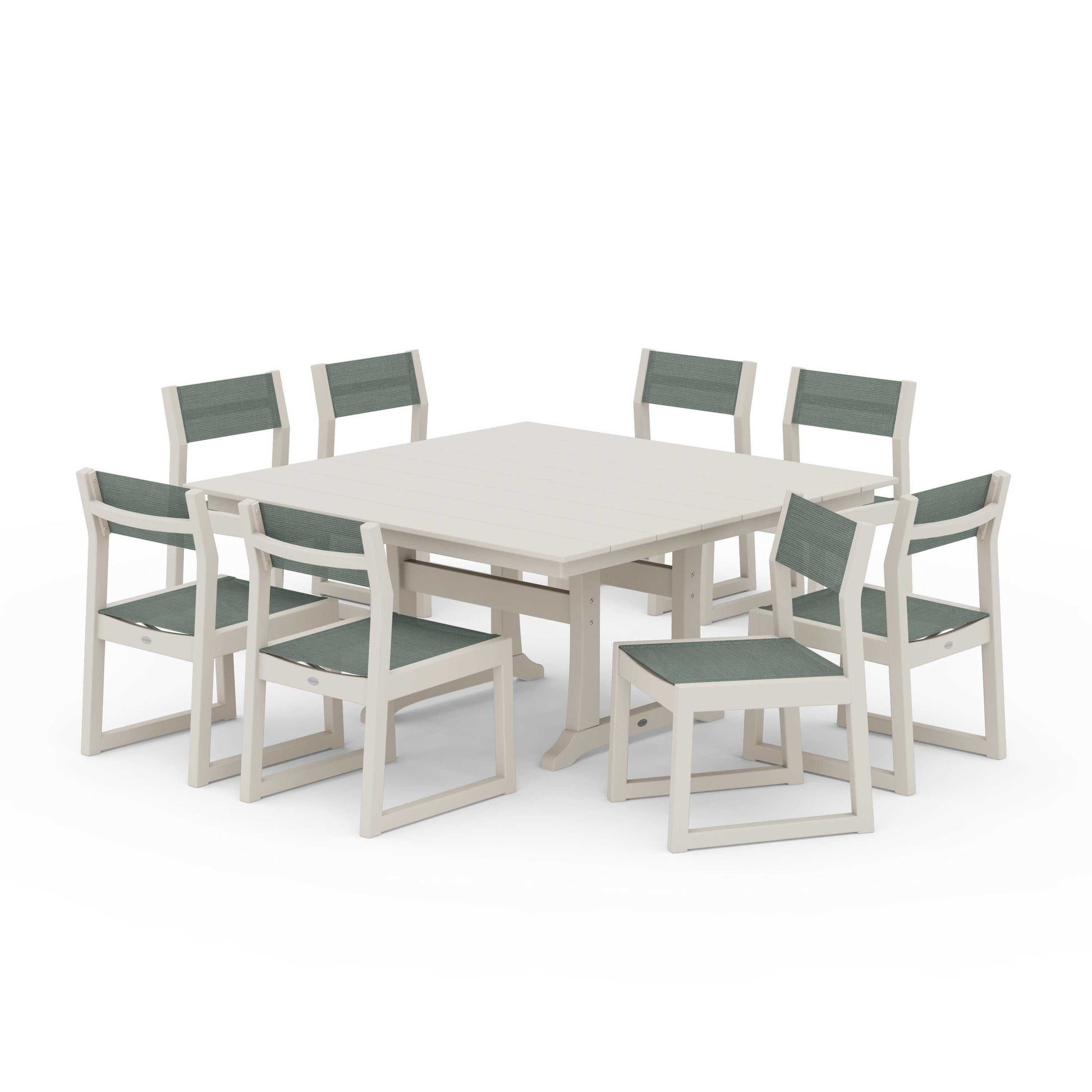 POLYWOOD EDGE Sling Side Chair 9-Piece Farmhouse Trestle Dining Set — Sand / Dupioni Sea Mist Sling